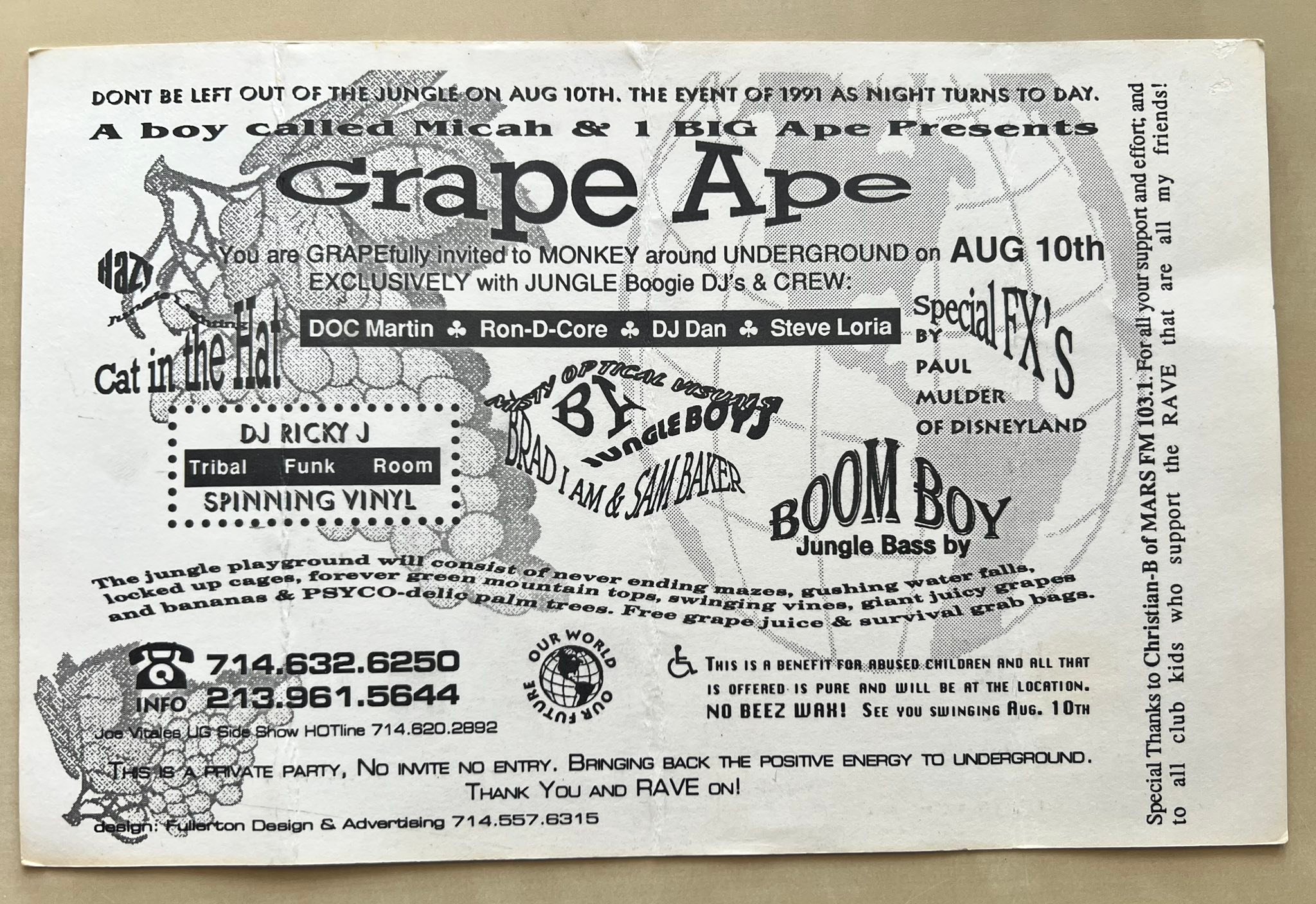 Grape Ape 1 Los Angeles, CA Rave Flyer 1991