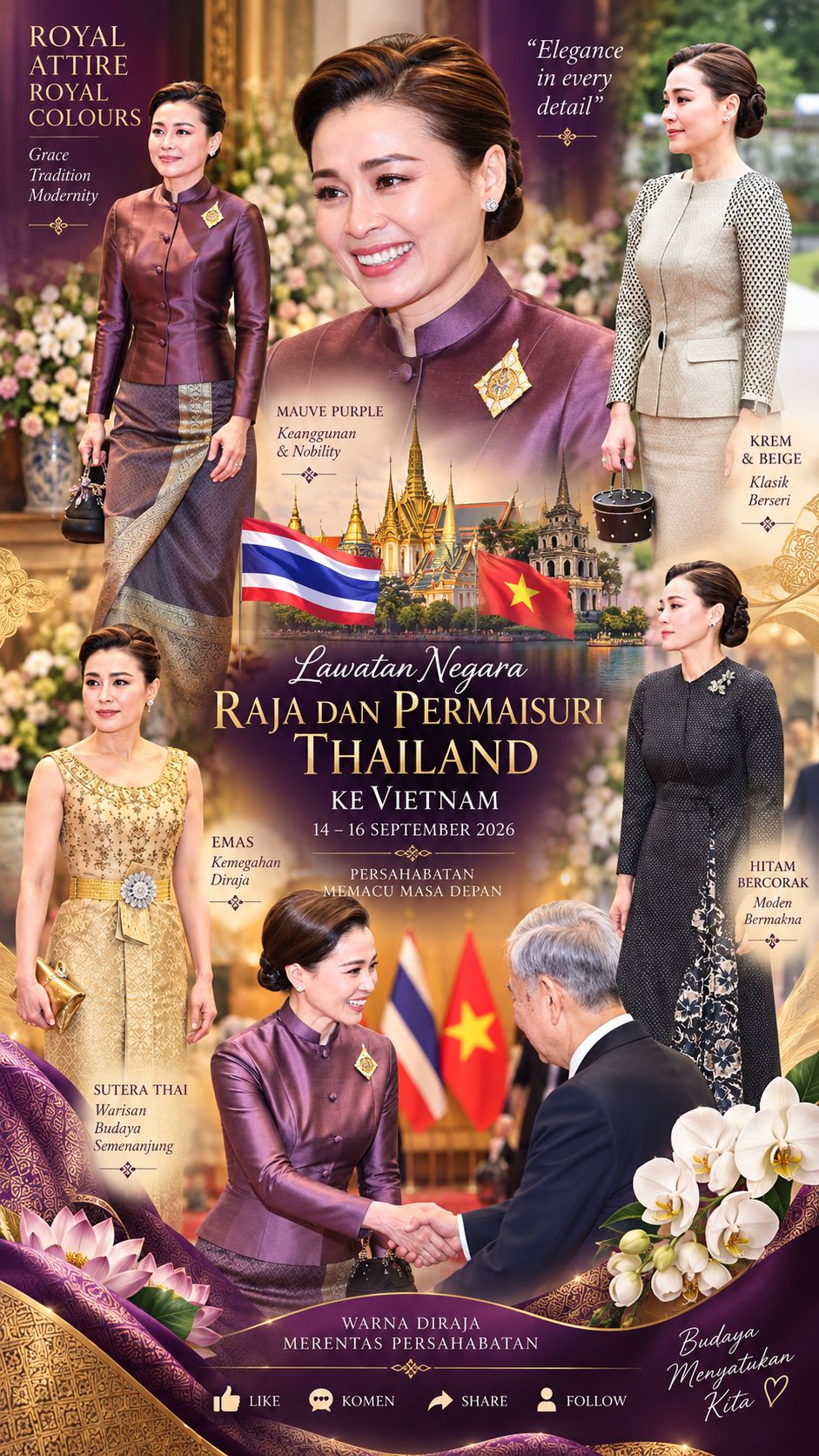 royal elegance dress code for ladies 👑 in every colour! 💜✨ A closer look at the exquisite Thai royal attire seen during the royal visit to Vietnam. 🇹🇭🇻🇳 Beyond the diplomatic occasion, the royal attire became BRIDE EXPLORE All Wedding Dresses