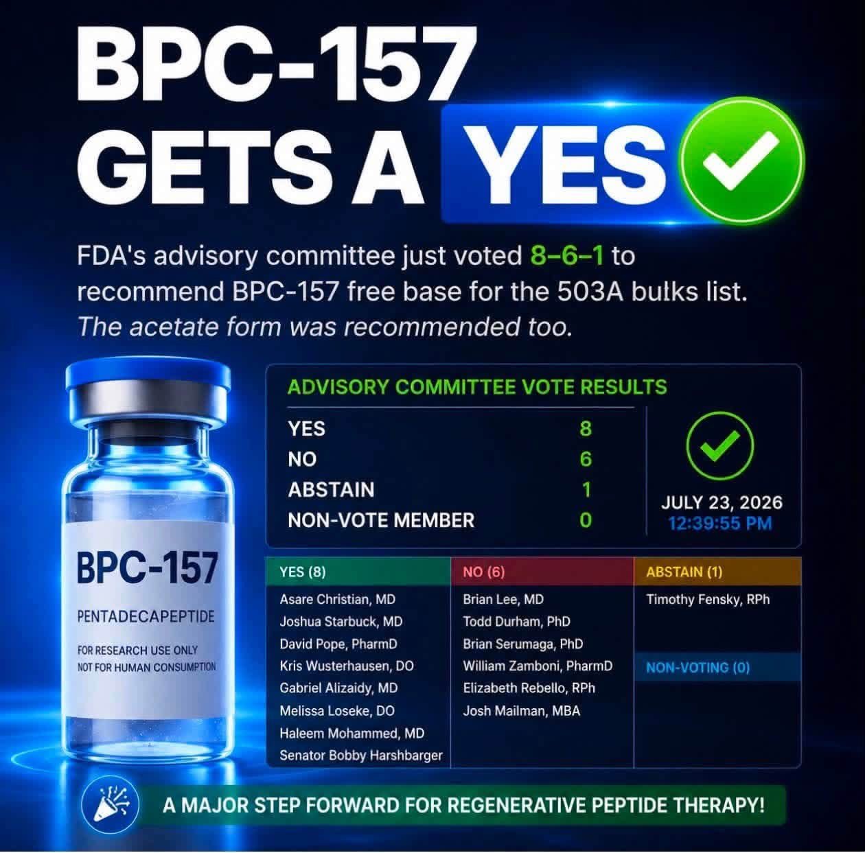 fda warning peptides bpc 157 The panel just voted to recommend BPC-157 and KPV for legal compounding. A first step toward regulated access — not final approval, but the clearest signal yet these are moving Vitamin B12 Injections | Biotin Quantity:1