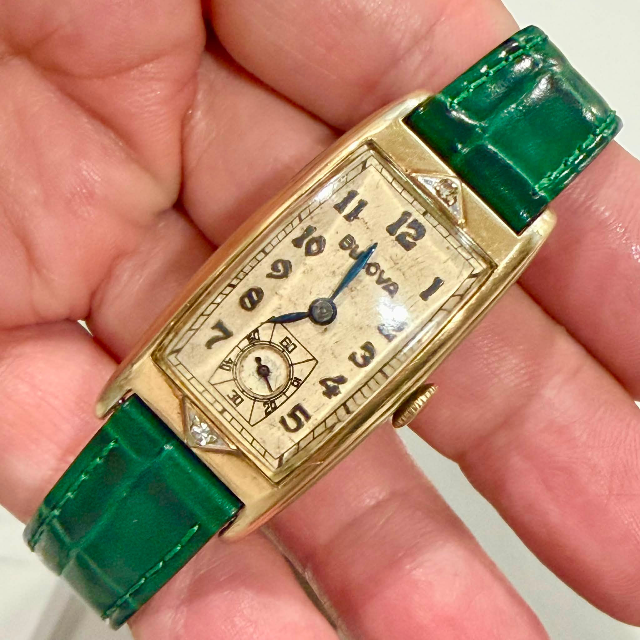 1930s Bulova Art Deco 10K GF manual wind watch for sale with green