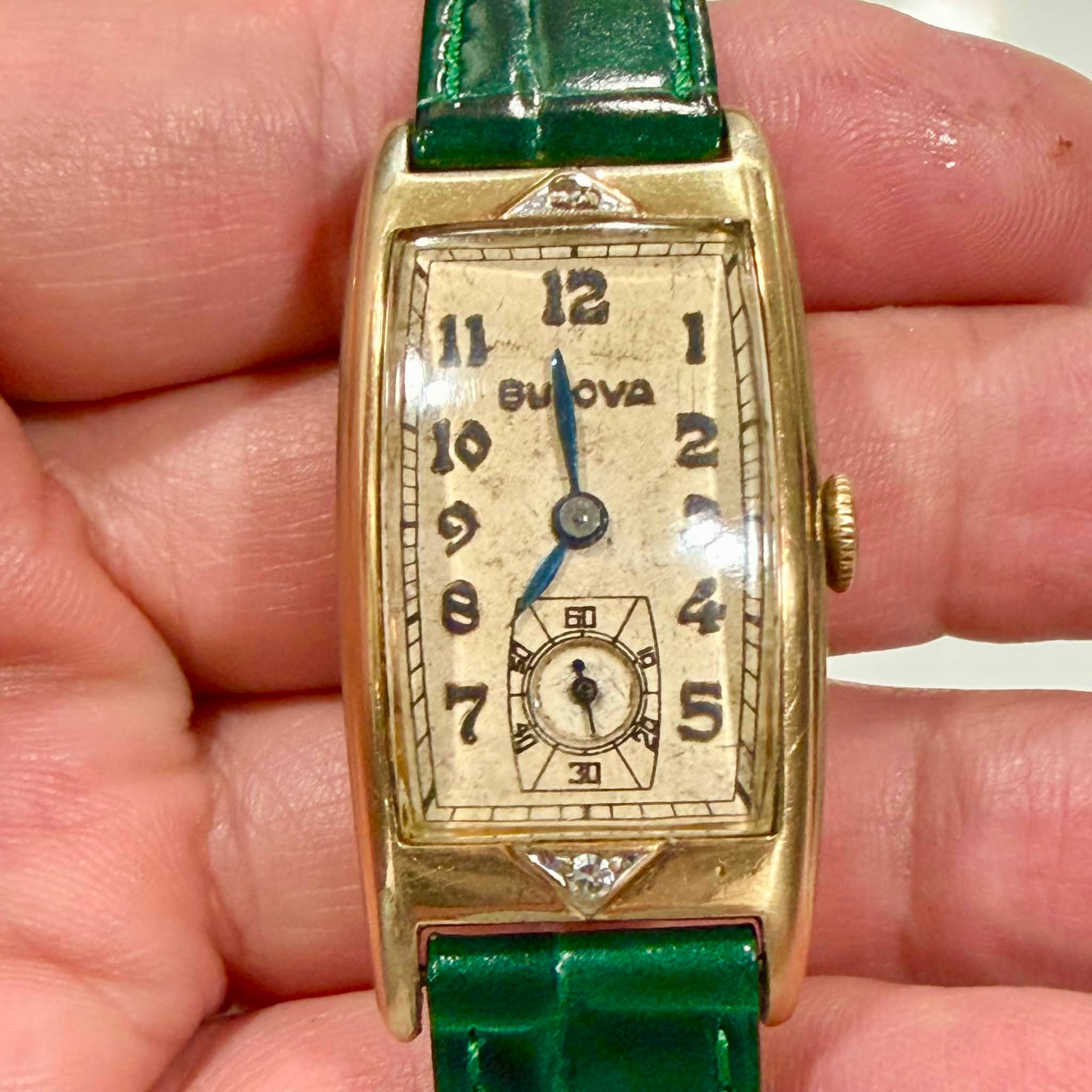 1930s Bulova Art Deco 10K GF manual wind watch for sale with green
