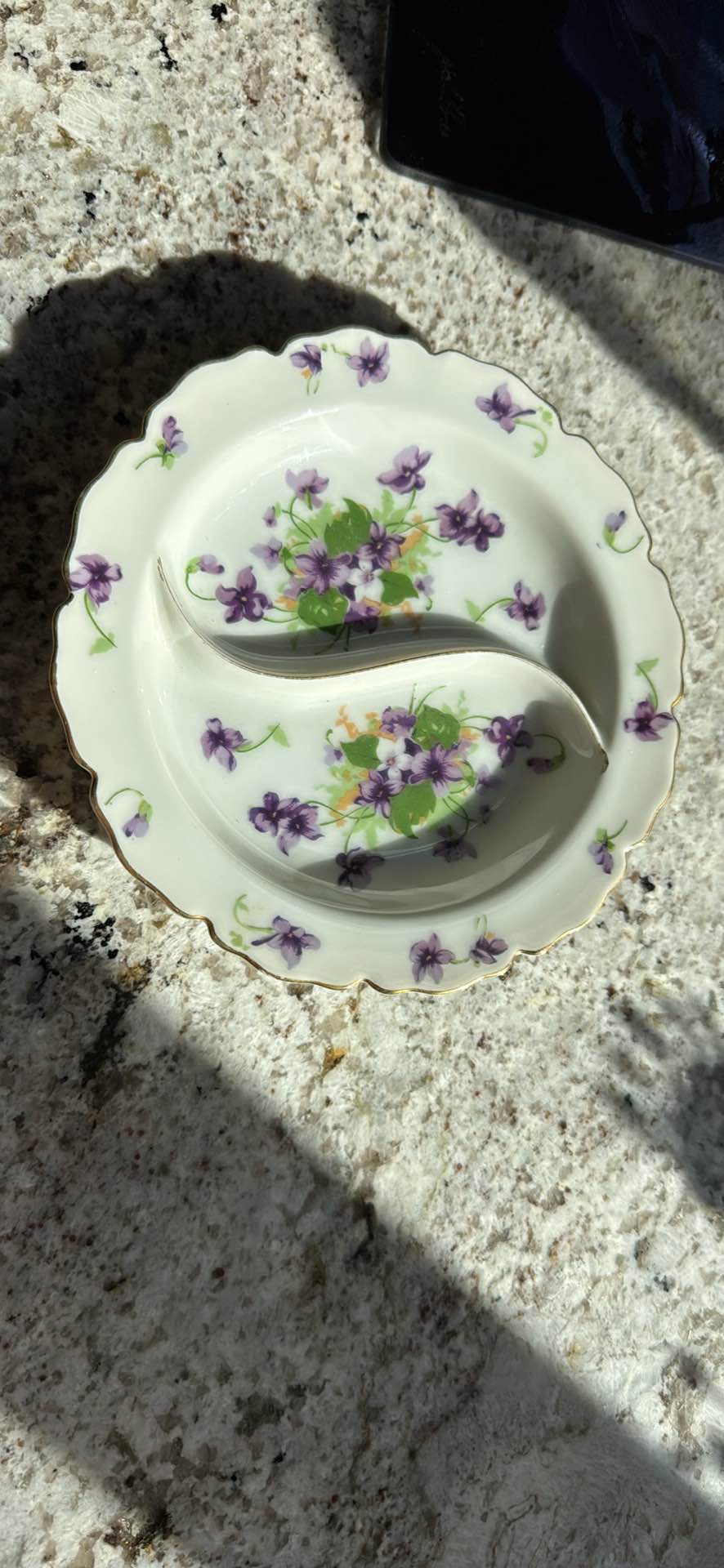 Vintage porcelain 6” divided dish with a purple violet floral