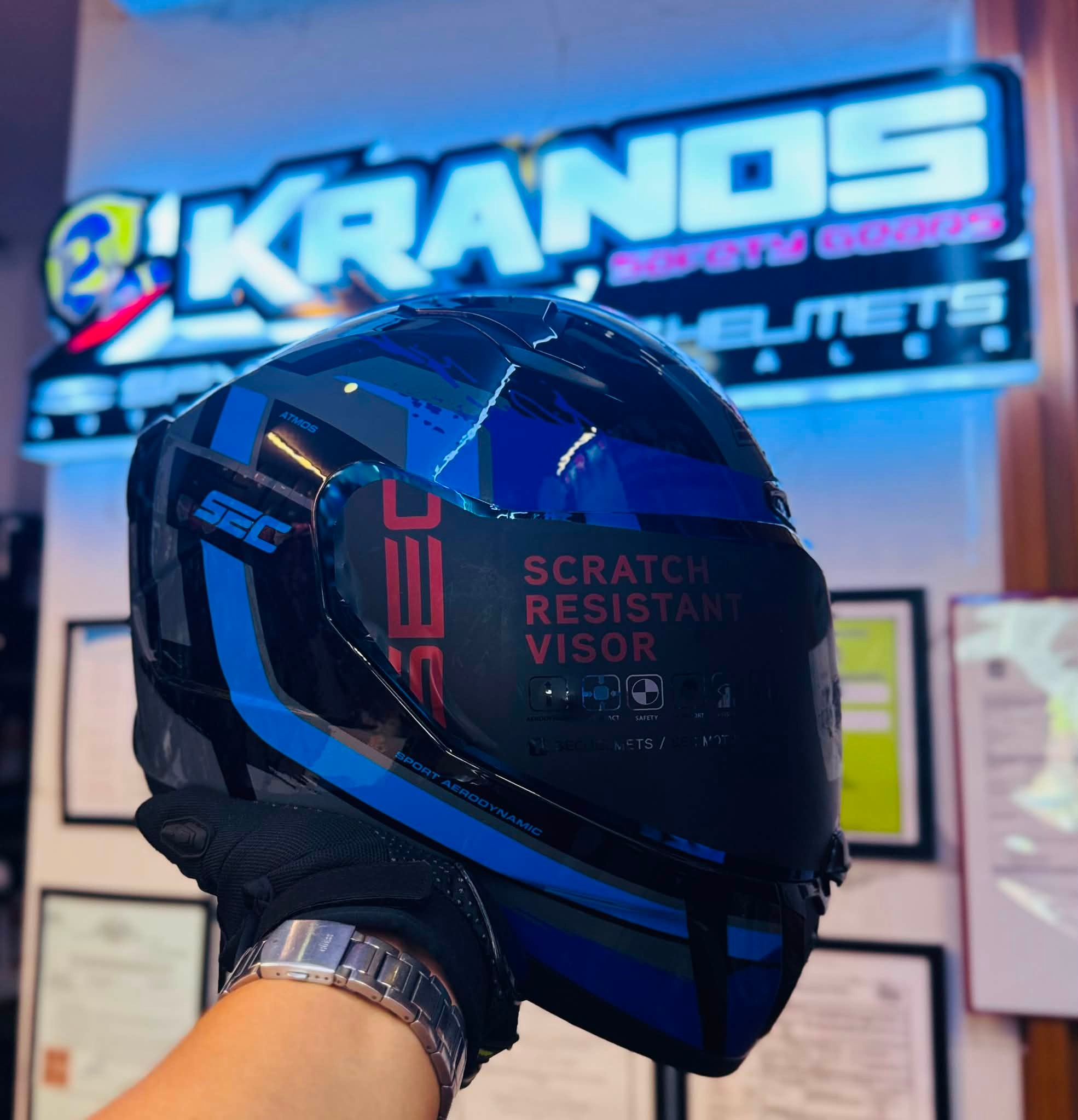 SEC 06409 ATMOS SCORPIO BLACK BLUE!! ✓FULL FACE ✓DUAL VISOR
