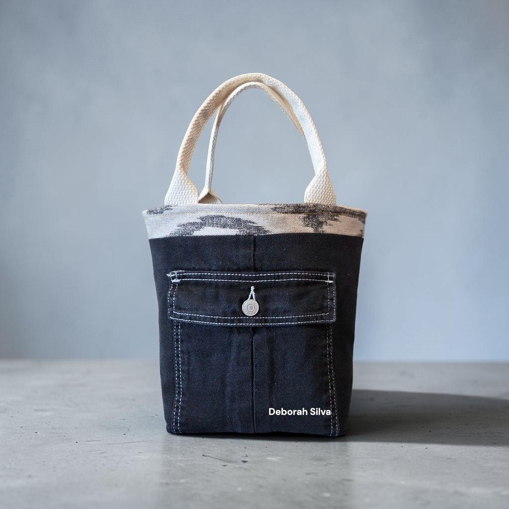 Upcycled denim tote bag with cargo pocket: add grommets for closure?
