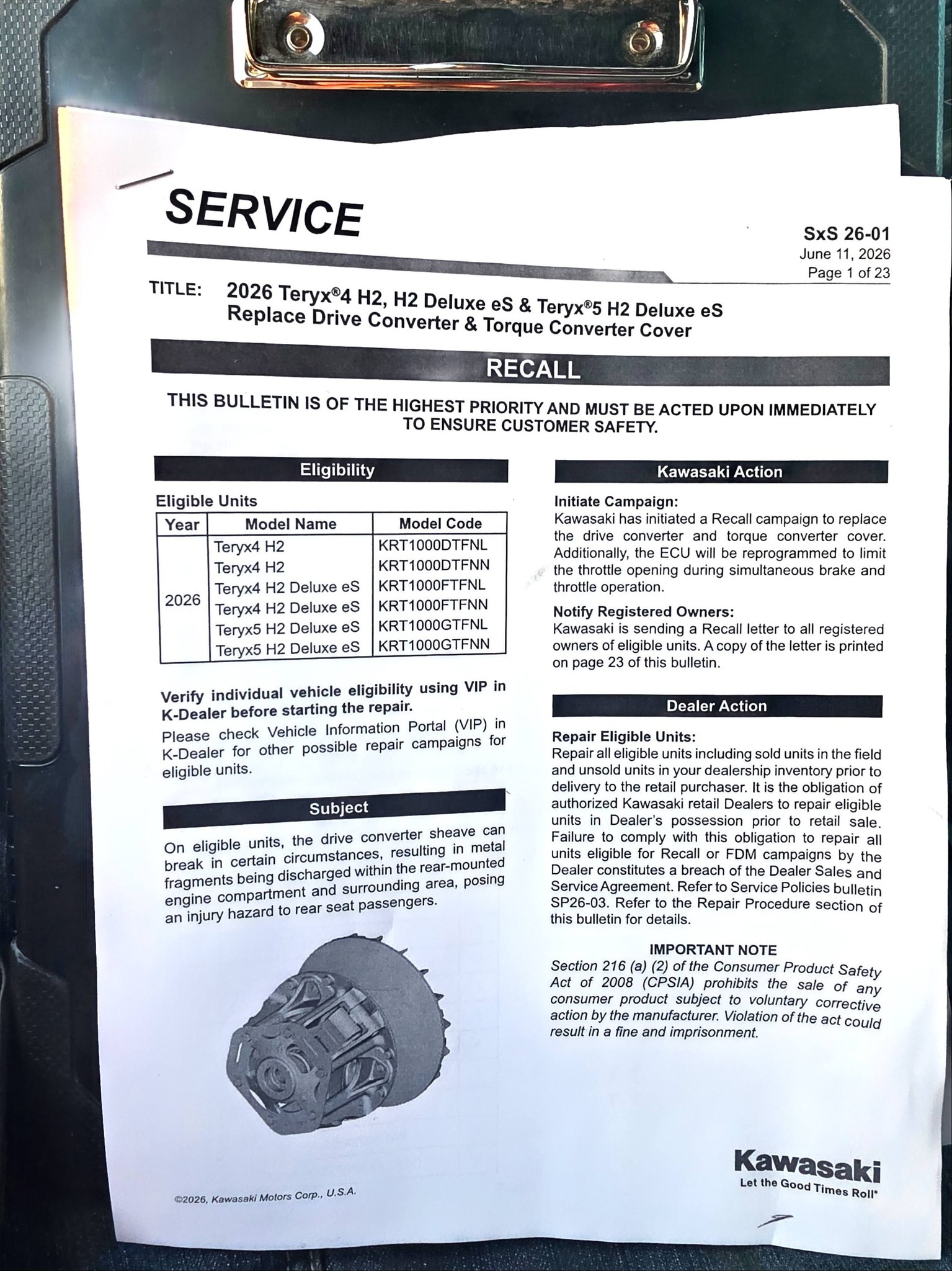 Kawasaki Teryx H2 recall service instructions