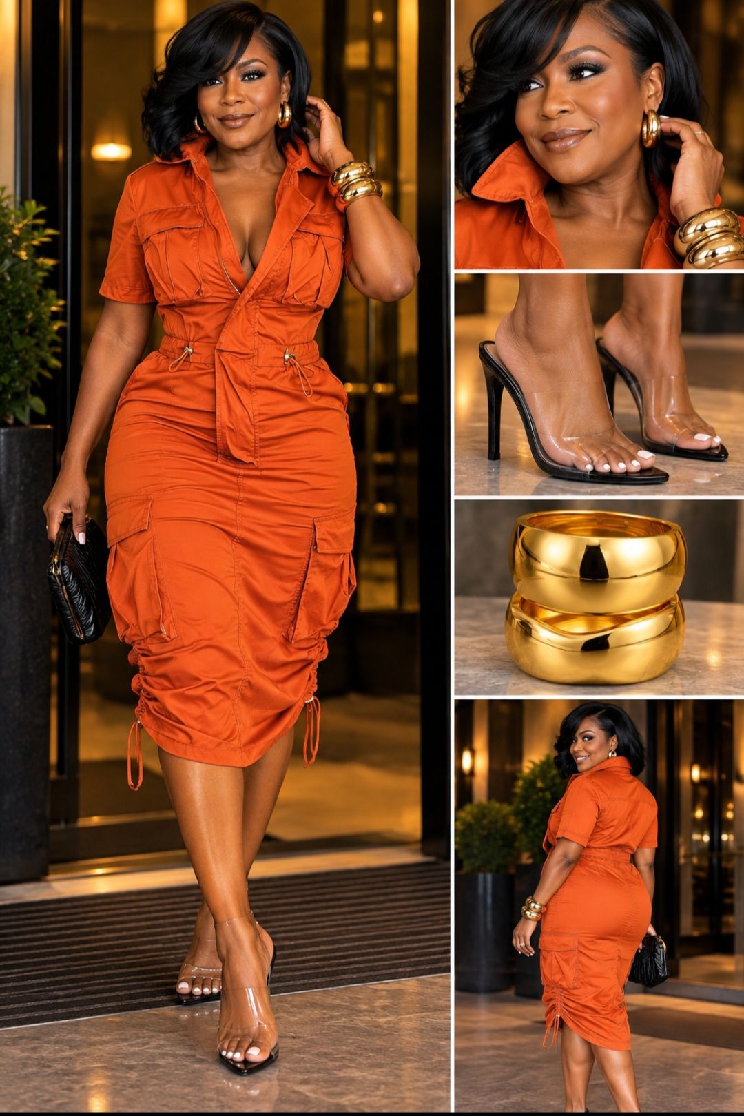 orange dress with gold heels Spontaneous night-out look burnt-orange utility and accessories Heel