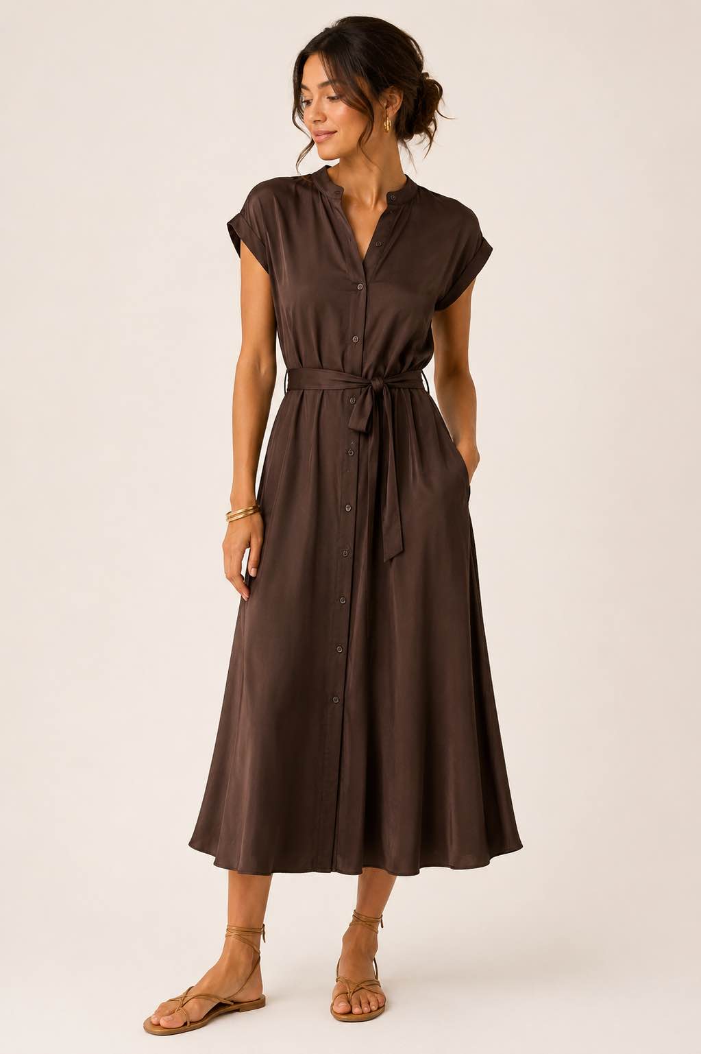 banana republic brown silk dress Elegant midi shirt is 100% in a dark color. This size medium dress has a button-down front, a mandarin collar, and short cuffed sleeves. A matching fabric Product ID:AP1E212835_AA432_M 8 Best Black Dress Back Style:Full Coverage (closed-back)