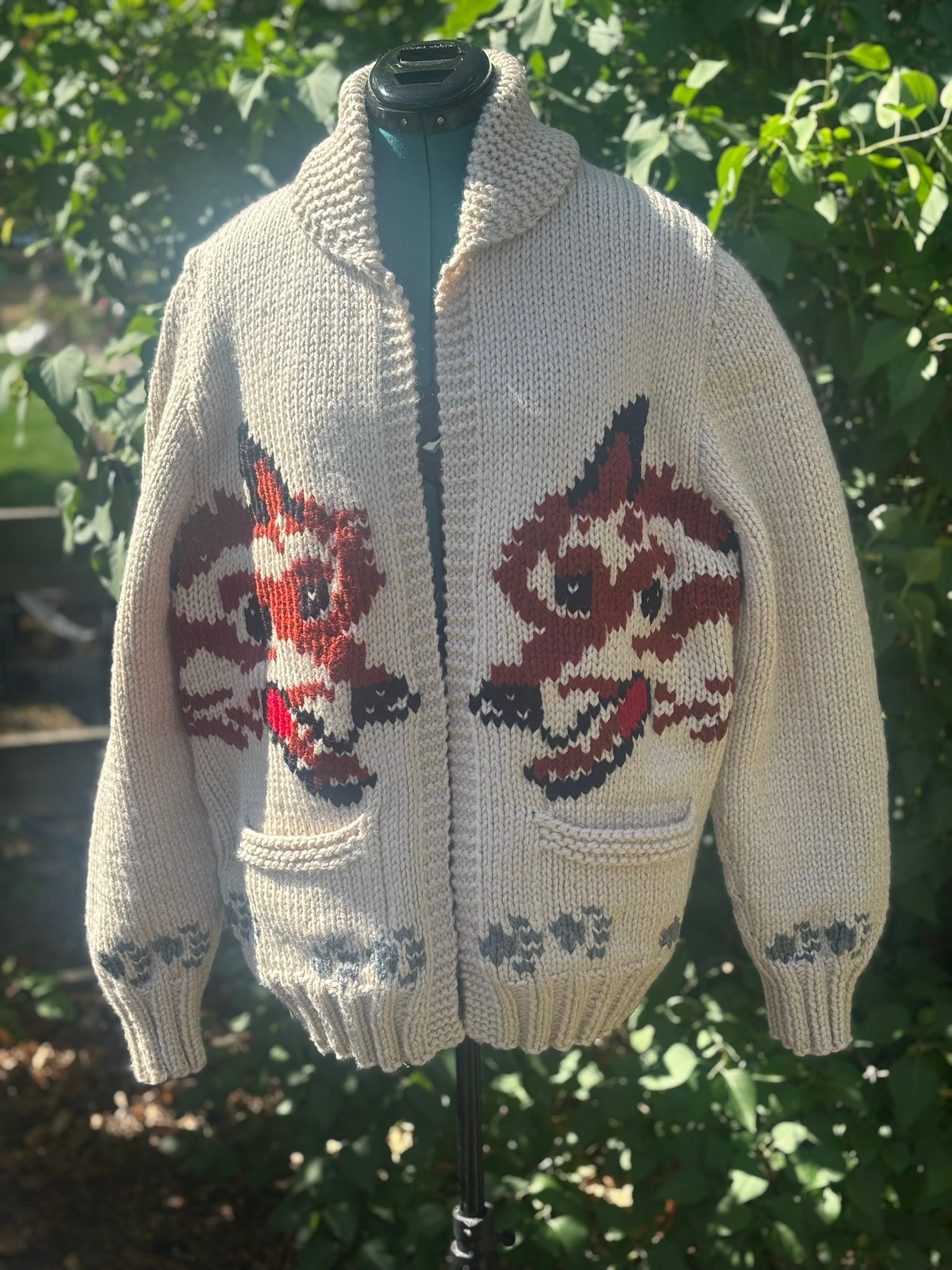 Hand-knit wolf cardigan using Mary Maxim Titan yarn and vintage 