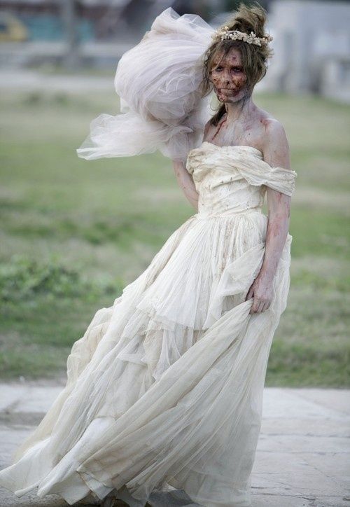 zombie bridesmaid dress White wedding and costume pieces for bride and groom for Halloween Comicon on October 10th The gown is made