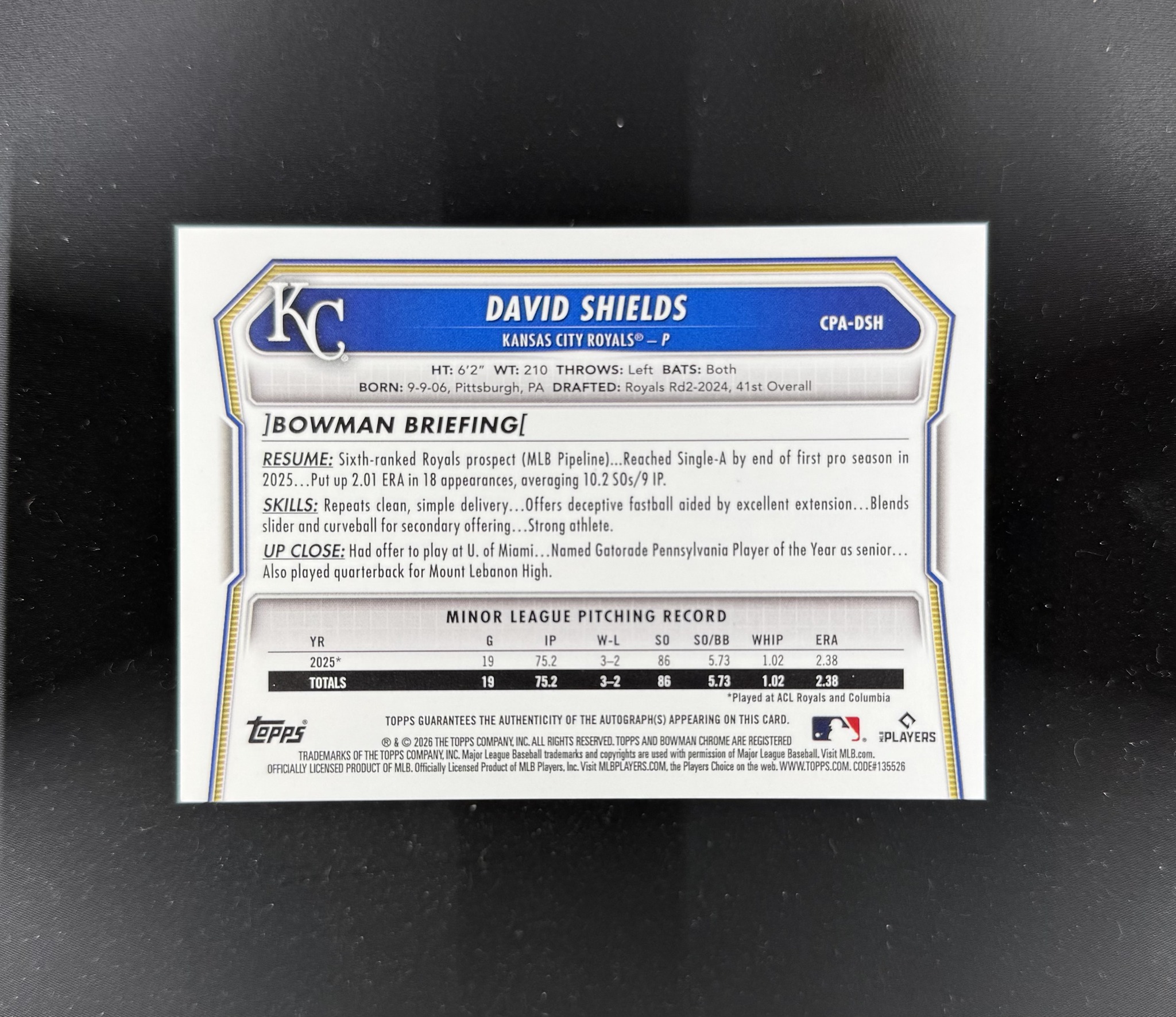 2026 Bowman David Shields 1st Chrome Auto auction