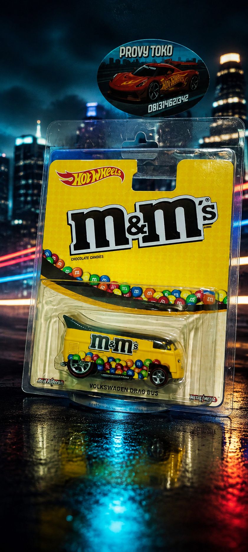 Hot Wheels M&M's Volkswagen Drag Bus toy packaging
