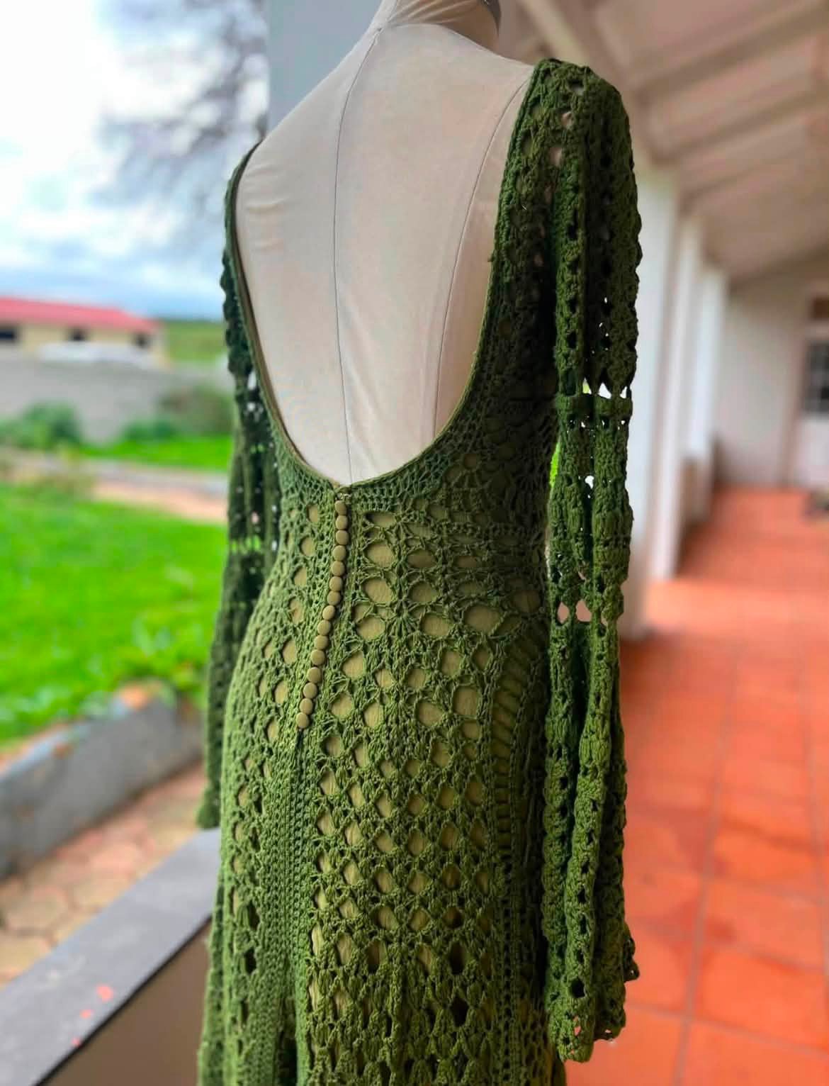 Repurposed crochet wedding dress transformation into ankle-length garment