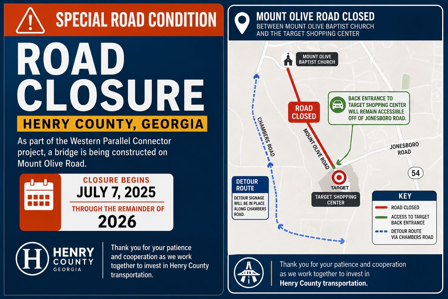 Mount Olive Road closure in Henry County, McDonough, GA, for