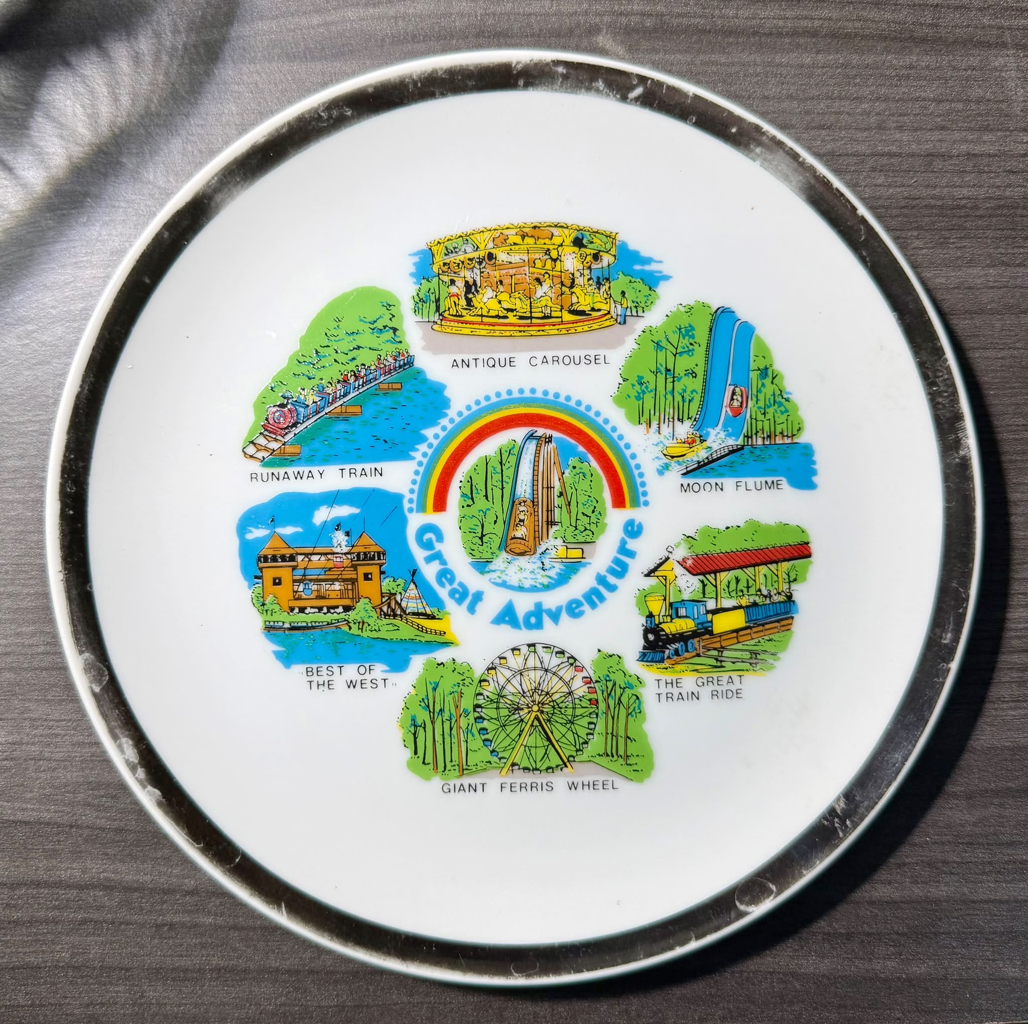 Vintage 1975 Great Adventure souvenir plate features which rides