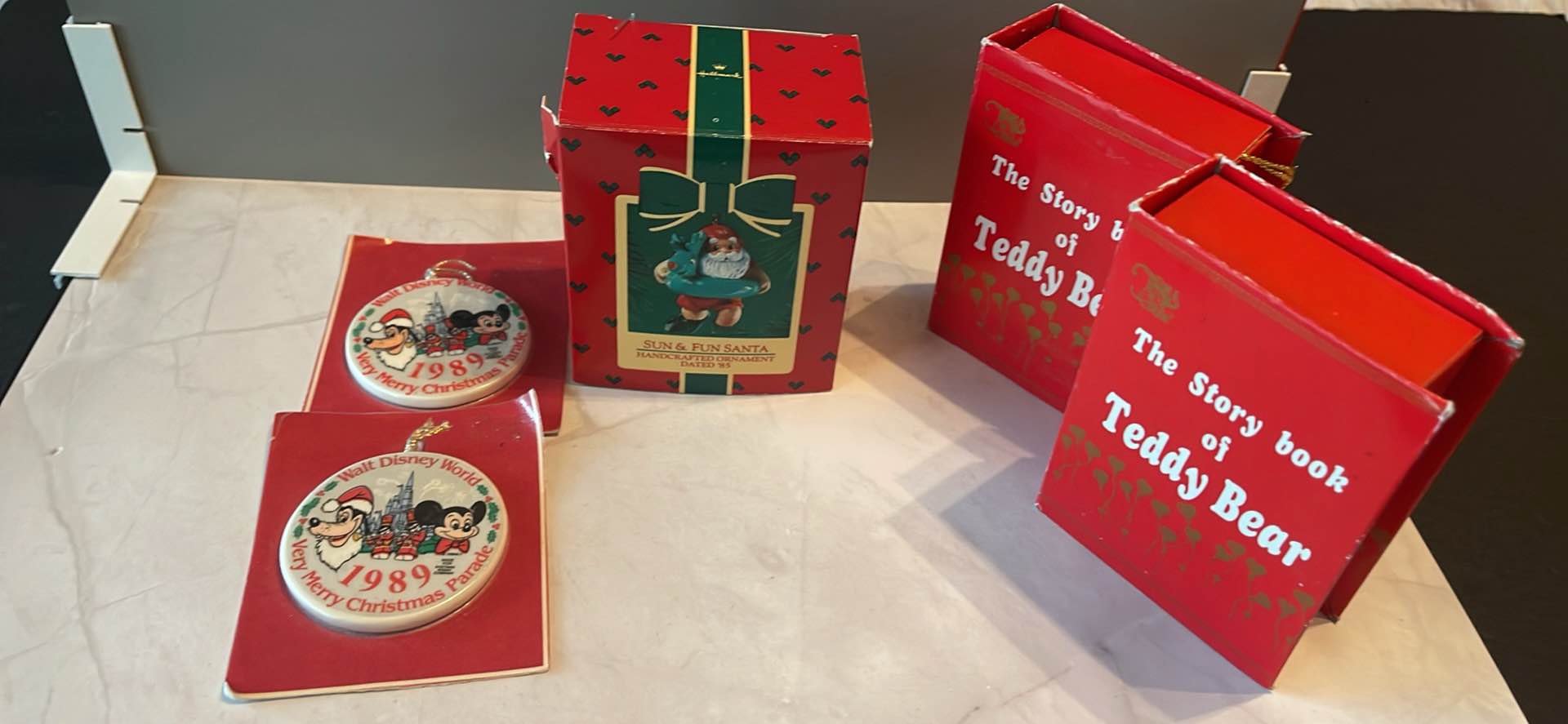 Vintage Christmas ornament collection includes five items. Two