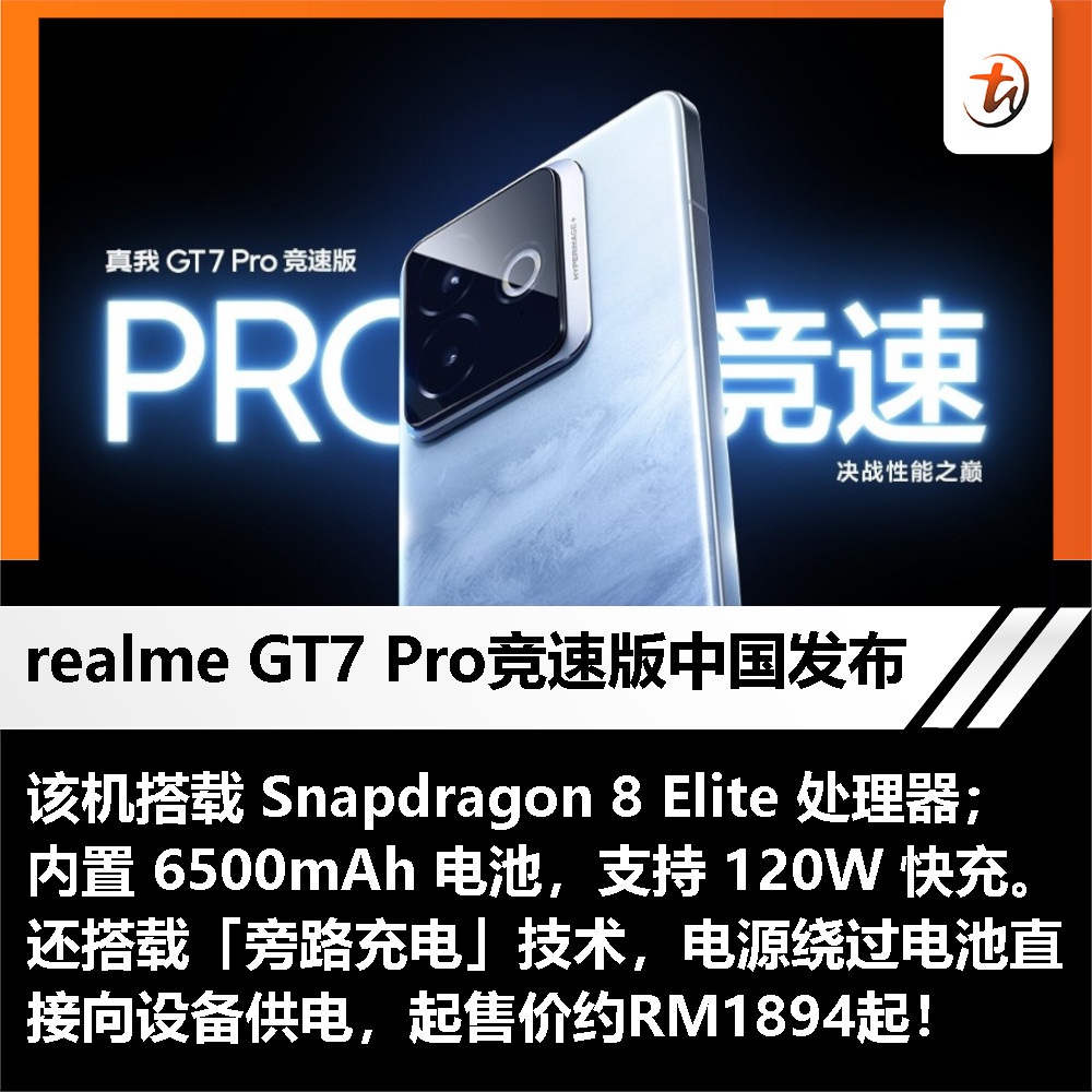 🟠realme GT7 Pro 竞速版中国发布：起售价约RM1894 起⚫ realme 今日在