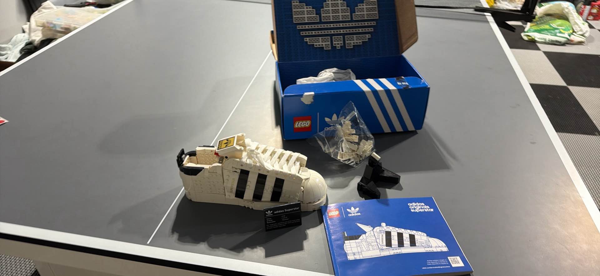 Assembled LEGO Adidas Originals Superstar set is white and black