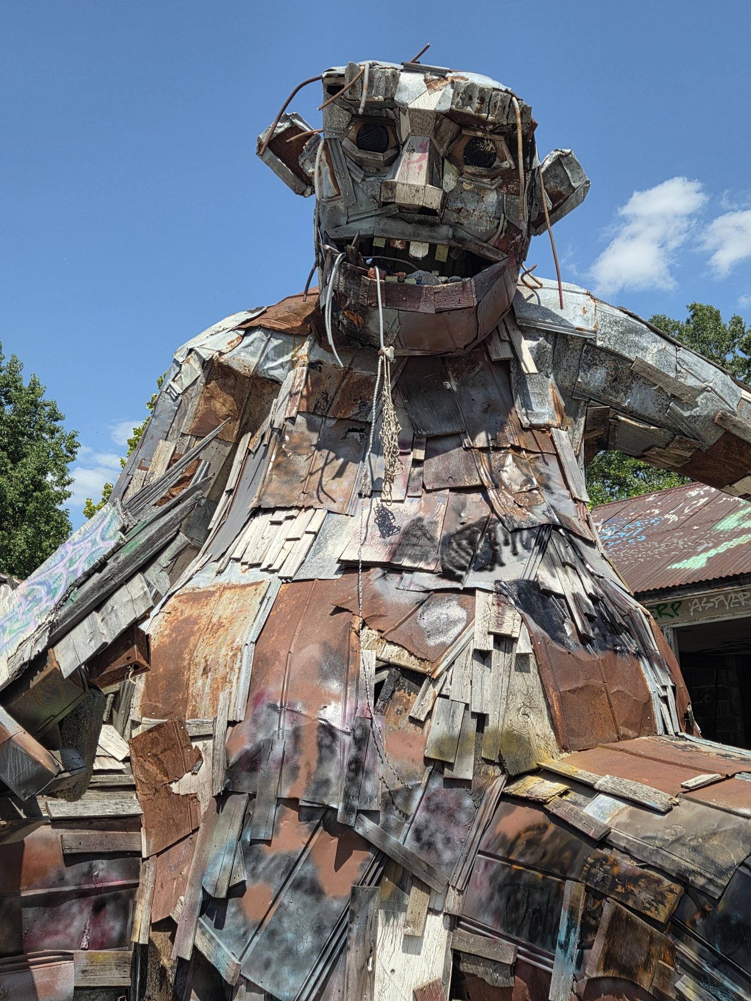 Big Rusty troll sculpture in abandoned Creek Turn Ceramic factory
