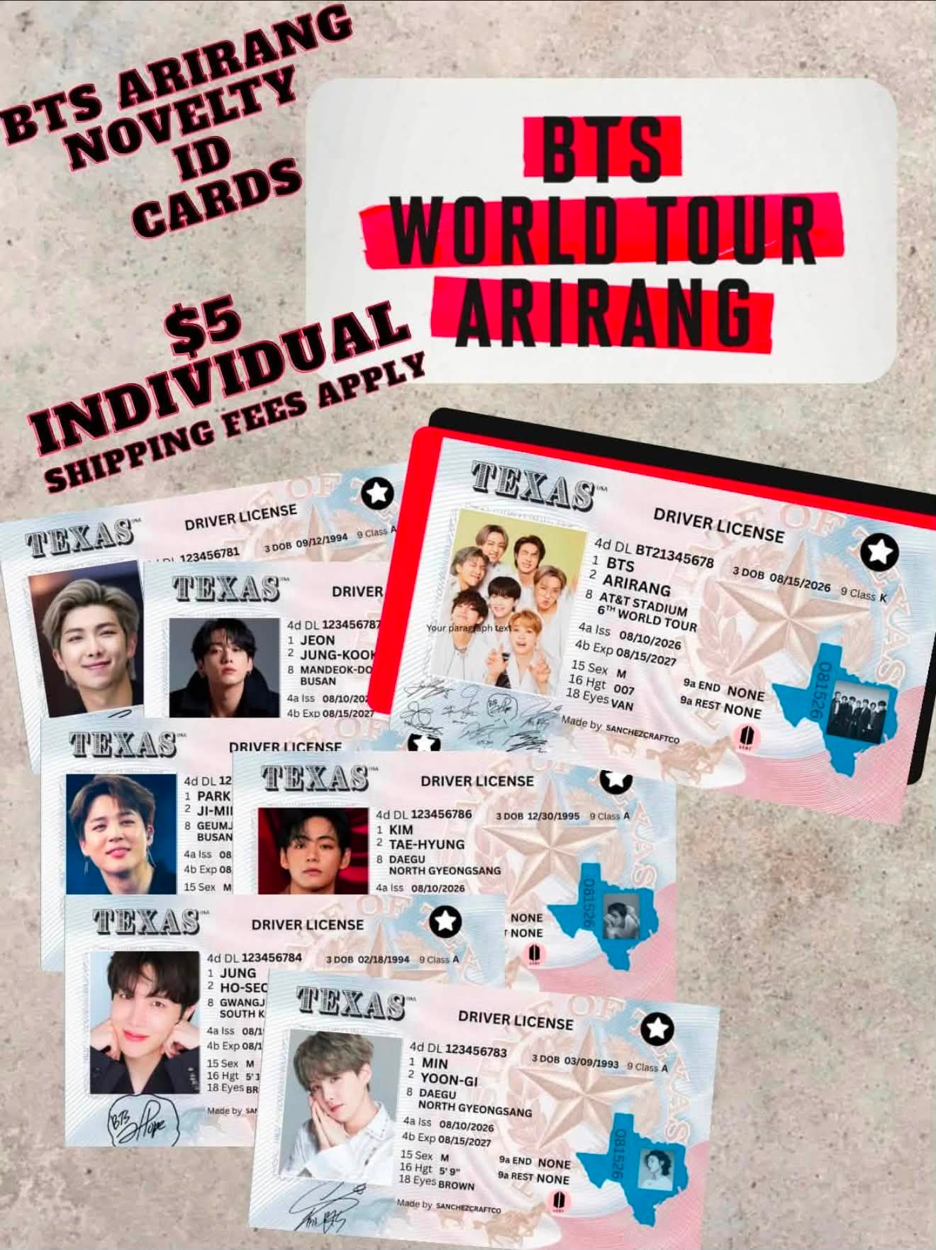 Custom BTS ID Photo Cards for LA Concert Season - $5 Each