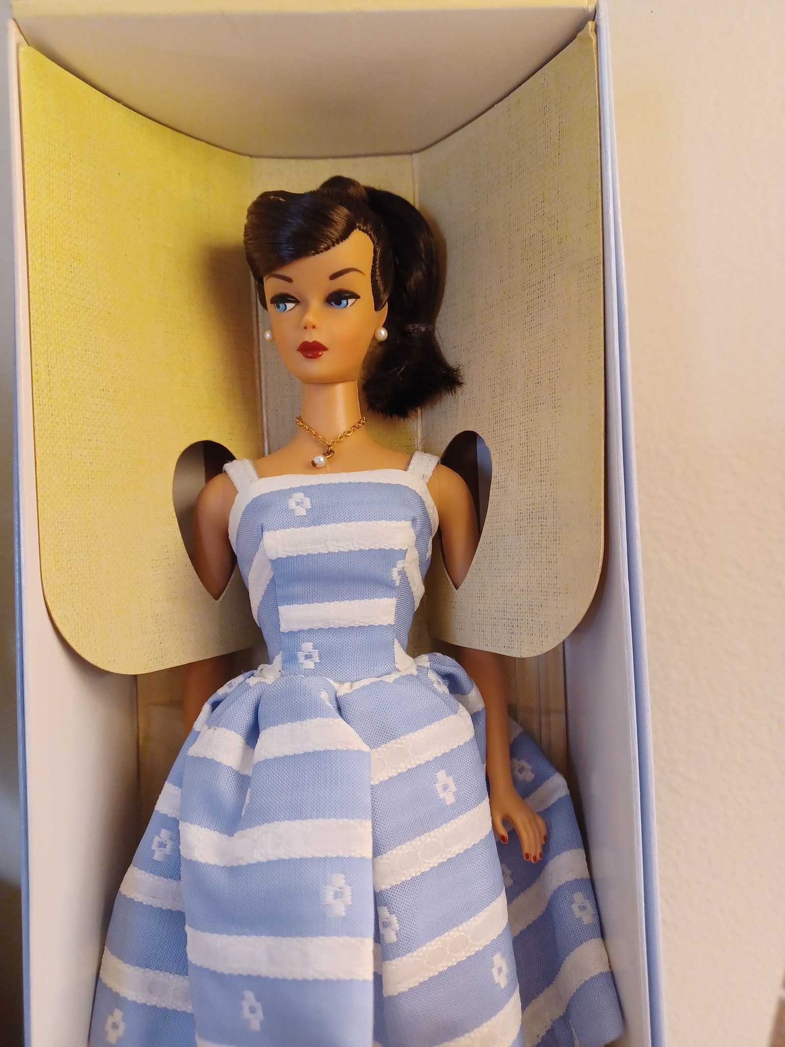 Vintage Barbie doll in blue and white striped dress for sale or trade