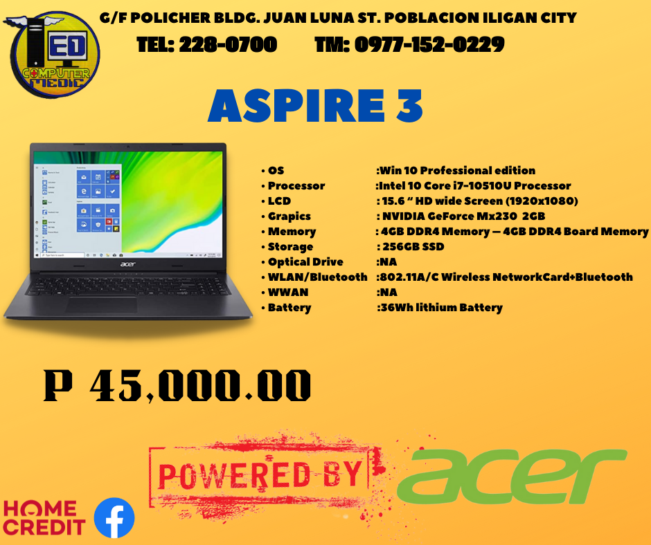 TED - ASPIRE 3 • OS :Win 10 Professional edition • Processor :Intel 10 ...