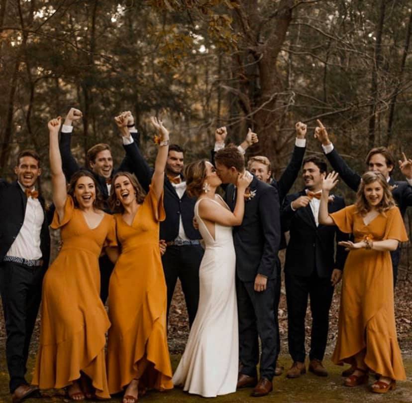 These beauties are brightening up our week in their ochre bridesmaid dresses 💛 Get in touch to brighten up yours when we create something special for you on your big day ✨