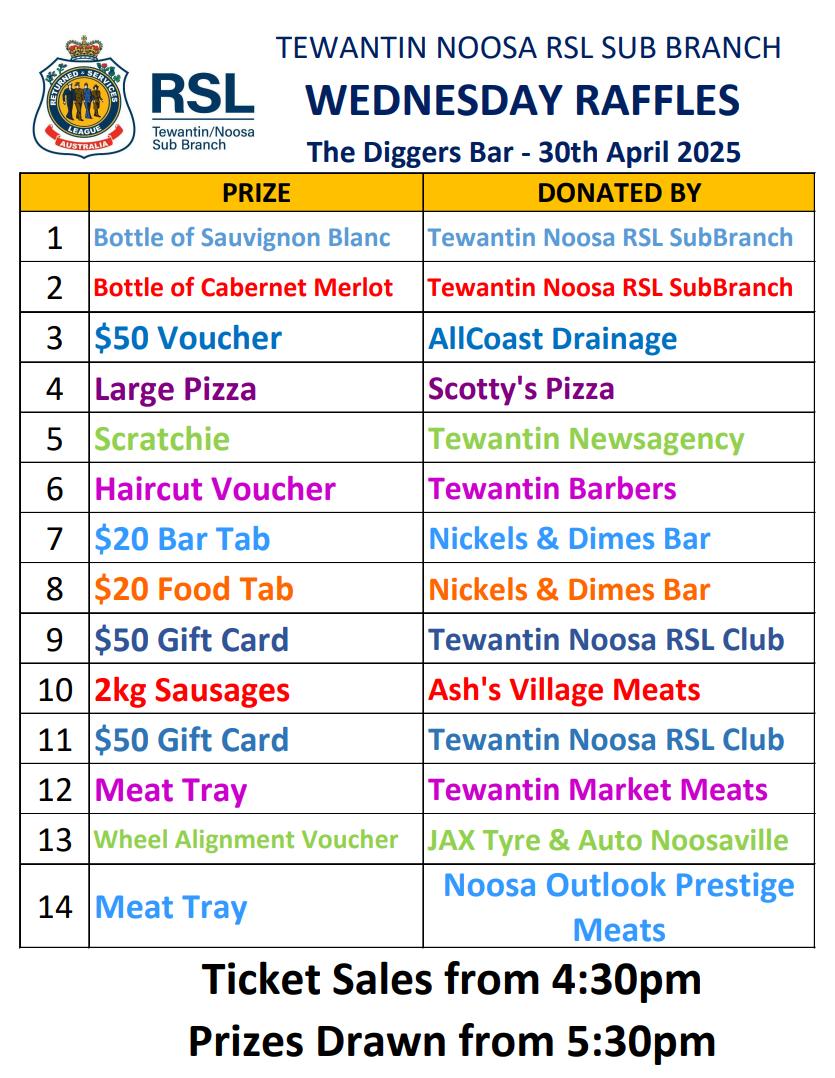 Tewantin - Wednesday Raffles are Back! After a very short break, we are ...