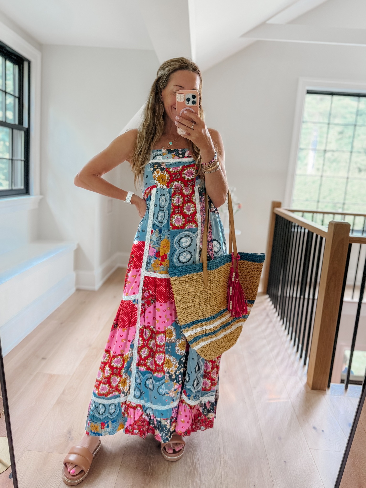 maxi dress with denim jacket and sneakers This is definitely one of those 