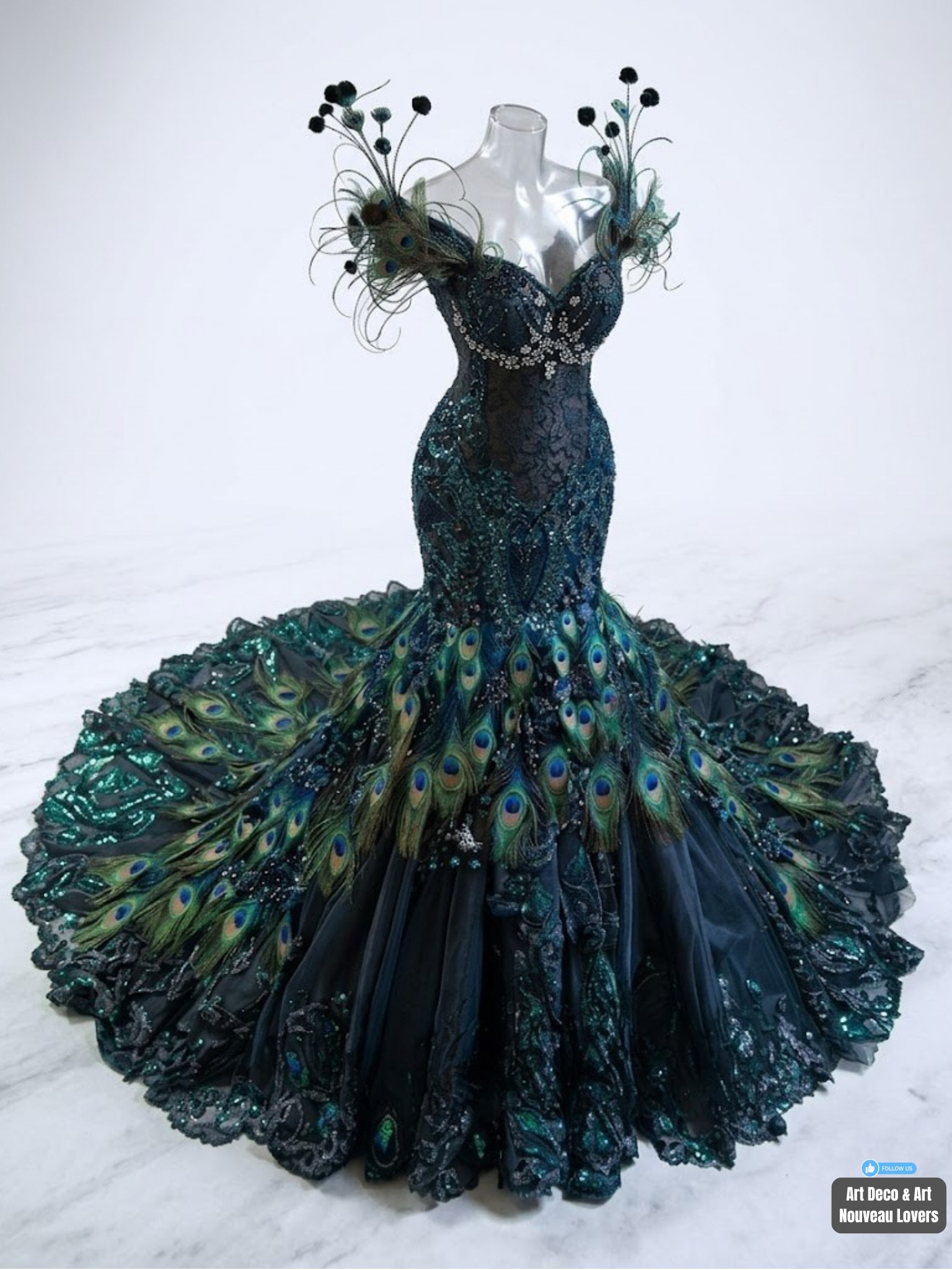 dress with peacock design Inspired by the opulence of the Jazz Age, this breathtaking evening gown celebrates Art Deco glamour through dazzling beadwork, luxurious feathers, and jewel-toned embroidery. The sculpted silhouette and dramatic train transform Embroidery Size:48W Size 14 DKNY Flutter Sleeve Chiffon This lower