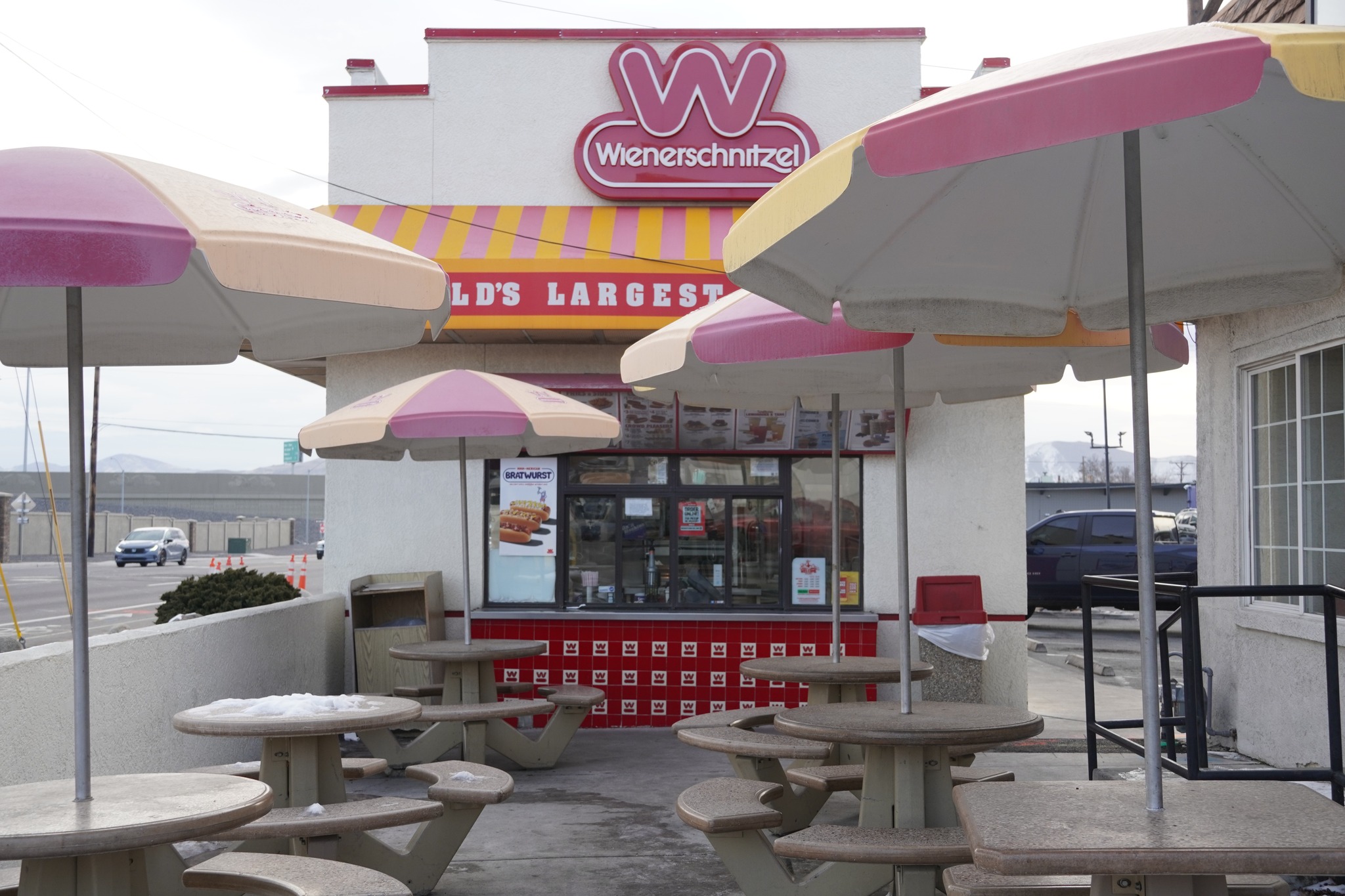 The local Wienerschnitzel, with its drive thru and outdoor sitting 