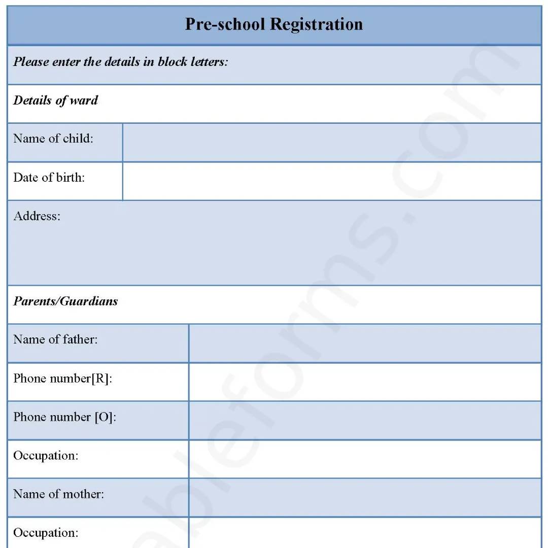 Editable - The Pre-School Registration Fillable PDF Template ...