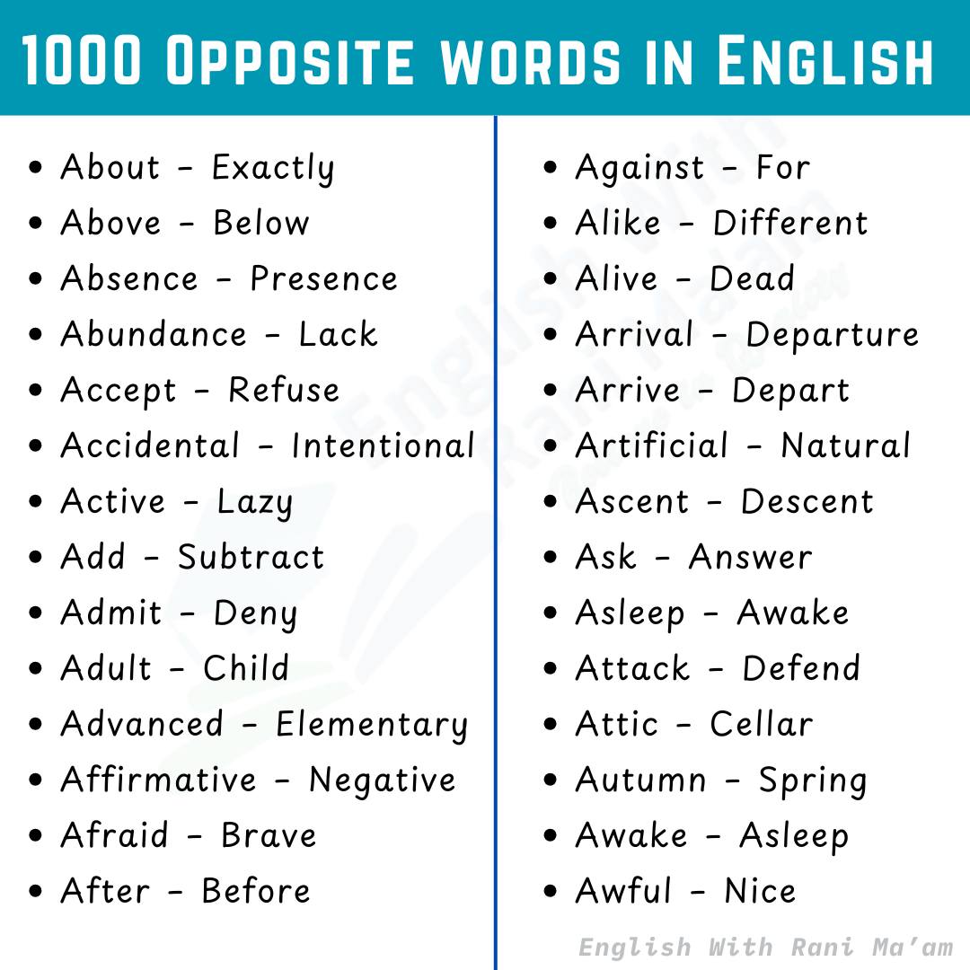 1000 Opposite Words in English |... - English With RANI MAM | Facebook