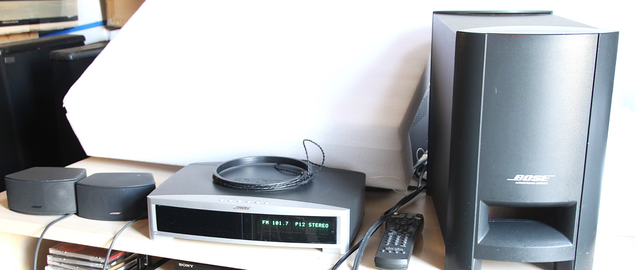 Black Bose PS38 powered speaker system. This unit has a front mesh