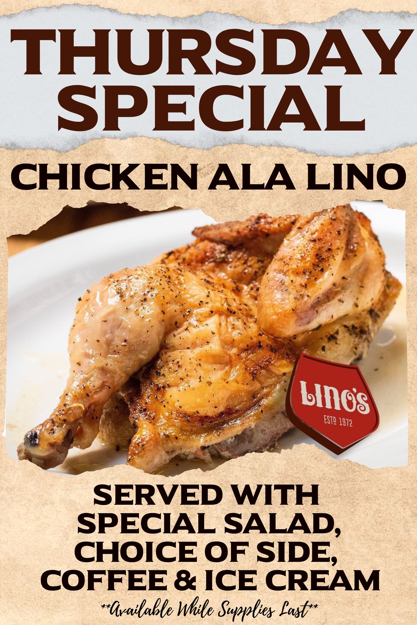 Lino's - 🍽️ Thursday Only Special: Chicken à la Lino! 🍽️ Available ...