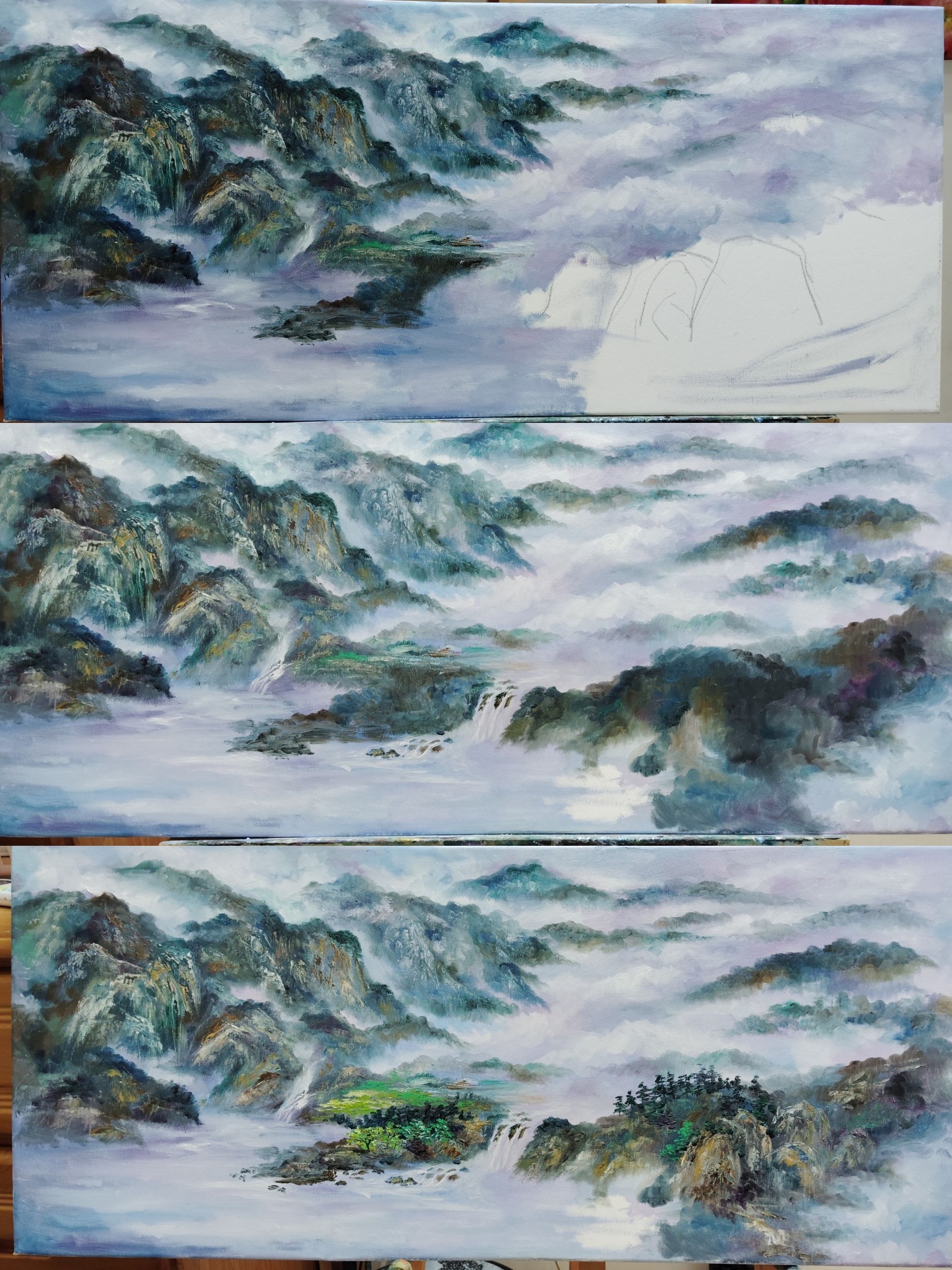國畫風油彩，步驟圖