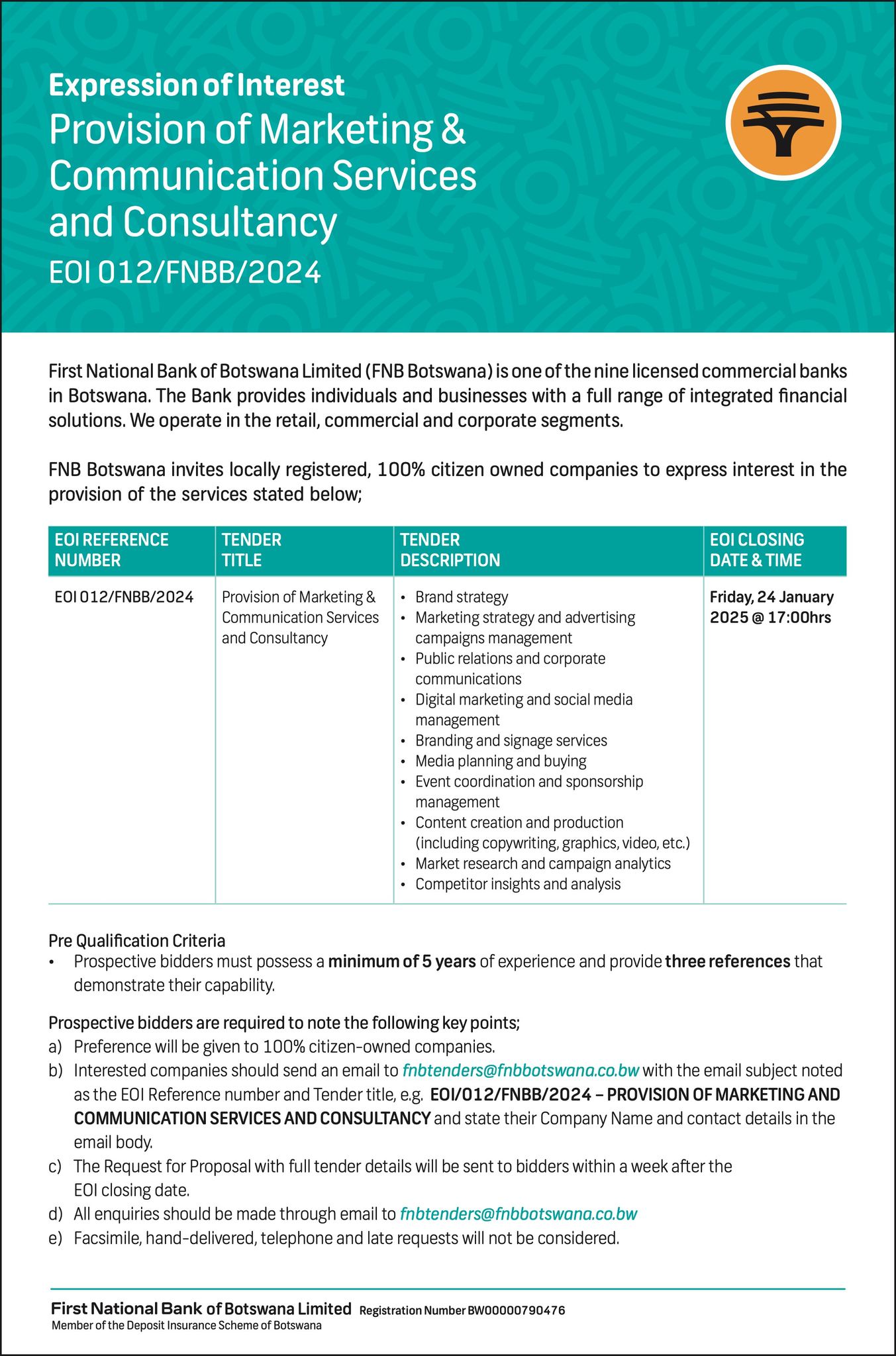 FNB Botswana - Expression of Interest (EOI) Provision of... | Facebook