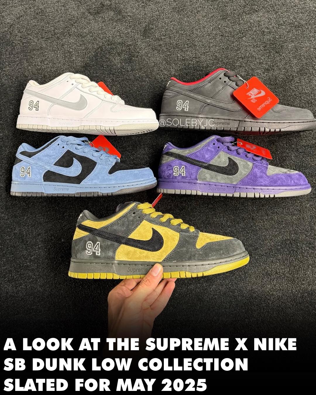 The Supreme x Nike Dunk Low Pack comes in five different colorways