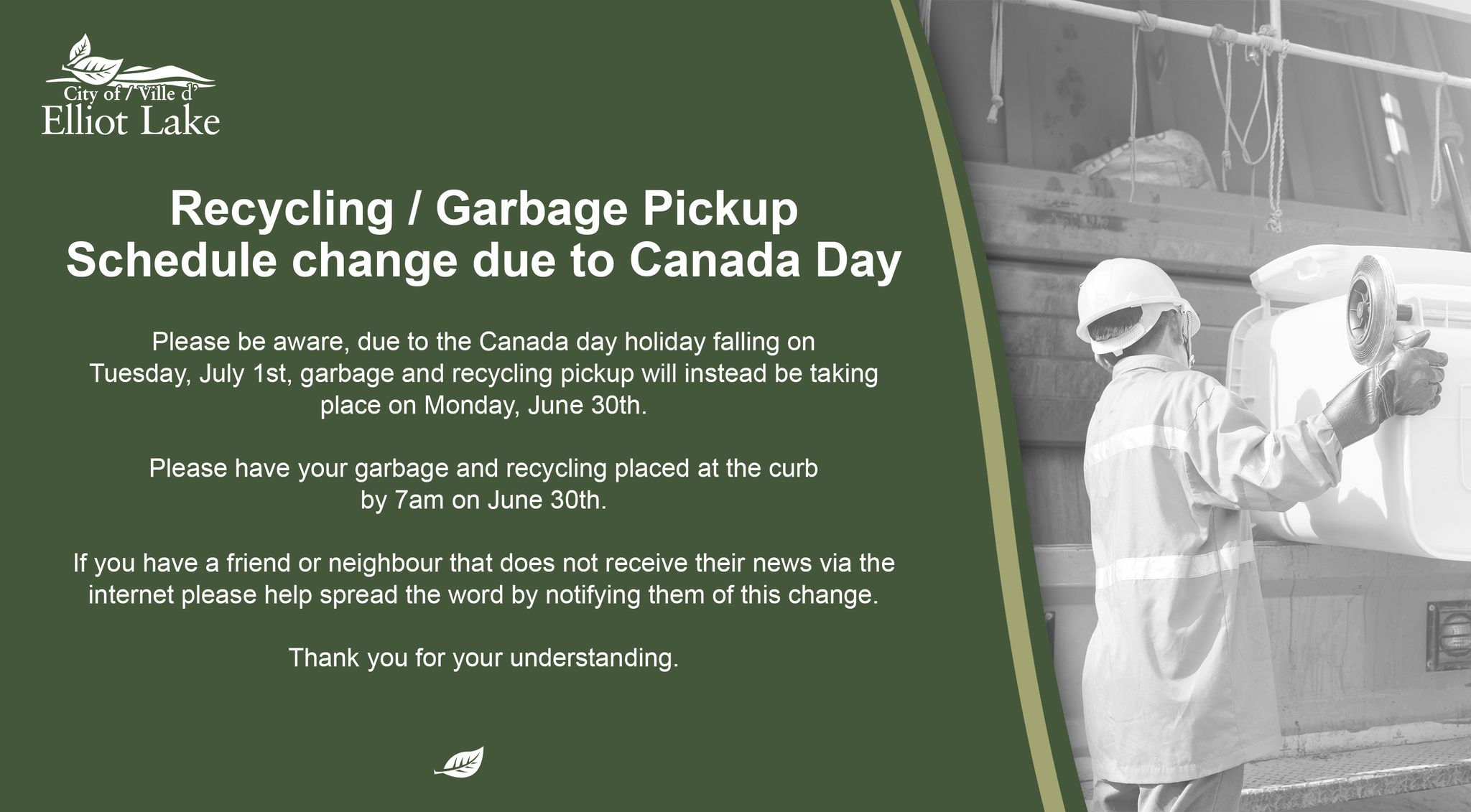City - Please be aware, due to the Canada day holiday falling on ...