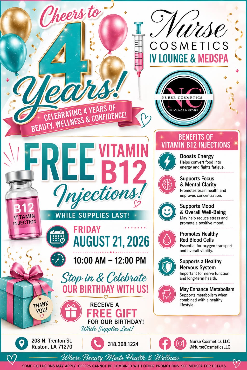 Nurse Cosmetics 4-year anniversary: free vitamin B12 injections on August 21, 2026