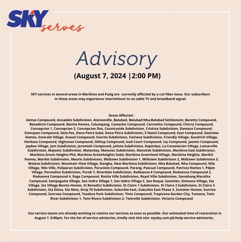 SKY - Update: Restored as of 2:35pm. For a list of service advisories ...