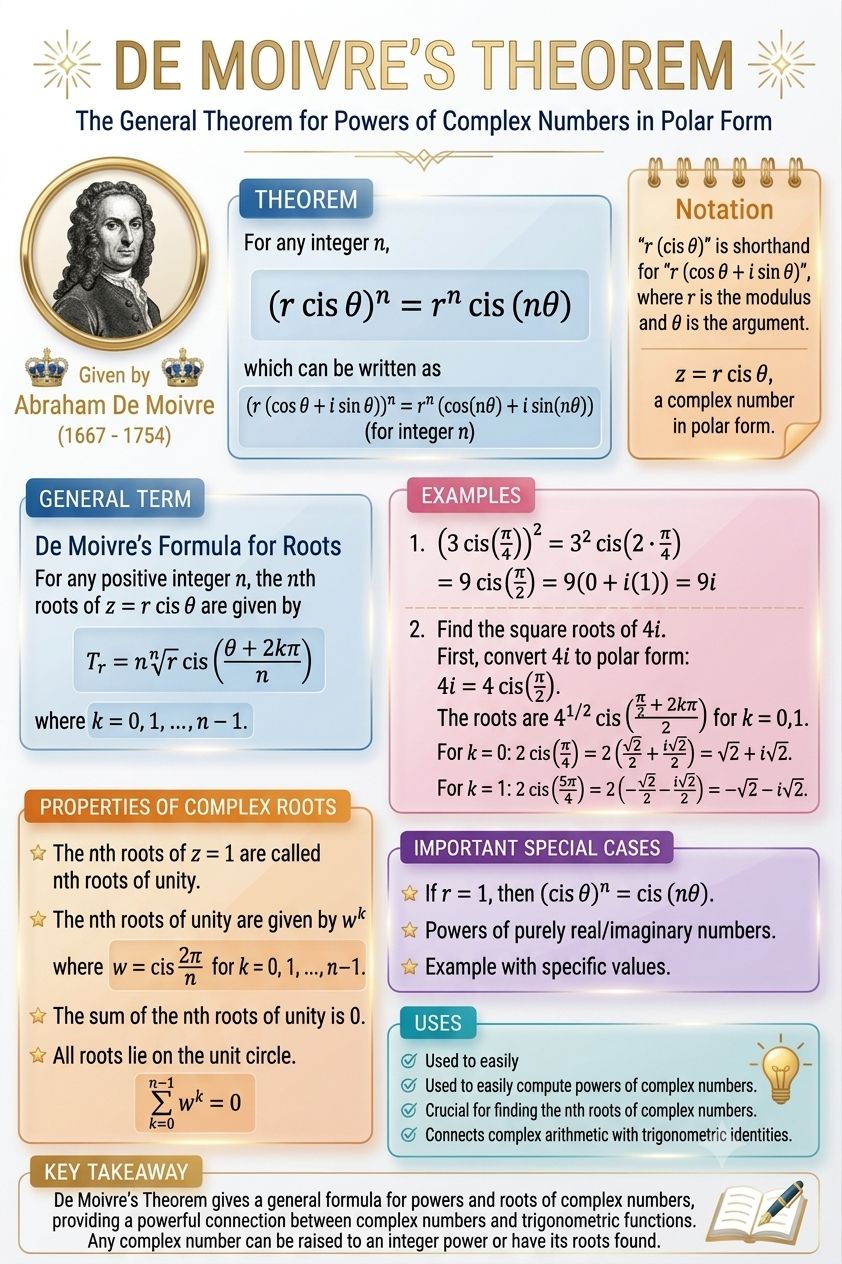 デ De Moivre's theorem for powers and roots of complex numbers