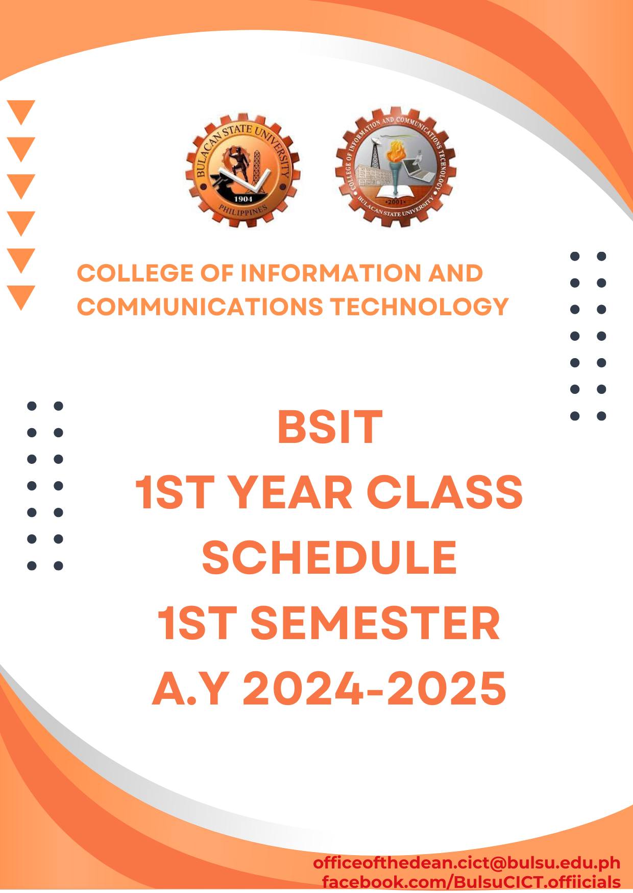 BSIT 1ST YEAR CLASS SCHEDULE 1ST SEMESTER A.Y. 2024-2025... - BulSU ...