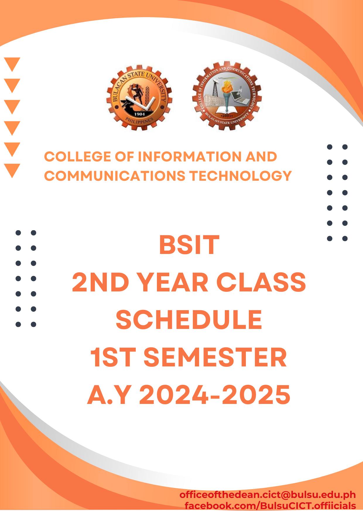 BSIT 2ND YEAR CLASS SCHEDULE 1ST SEMESTER A.Y. 2024-2025... - BulSU ...