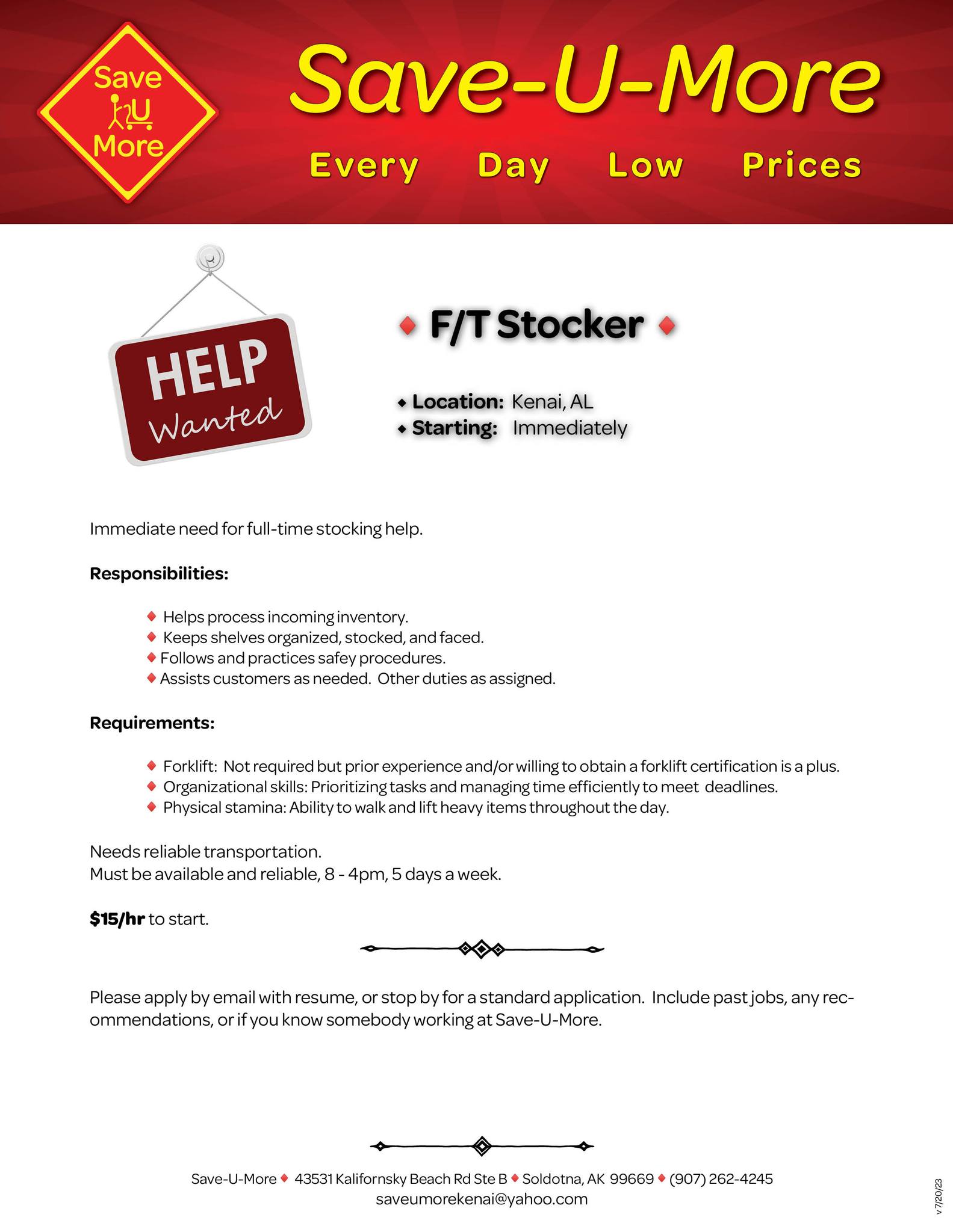 📣 We're hiring! Full-time stocker... - Save U More-Kenai | Facebook