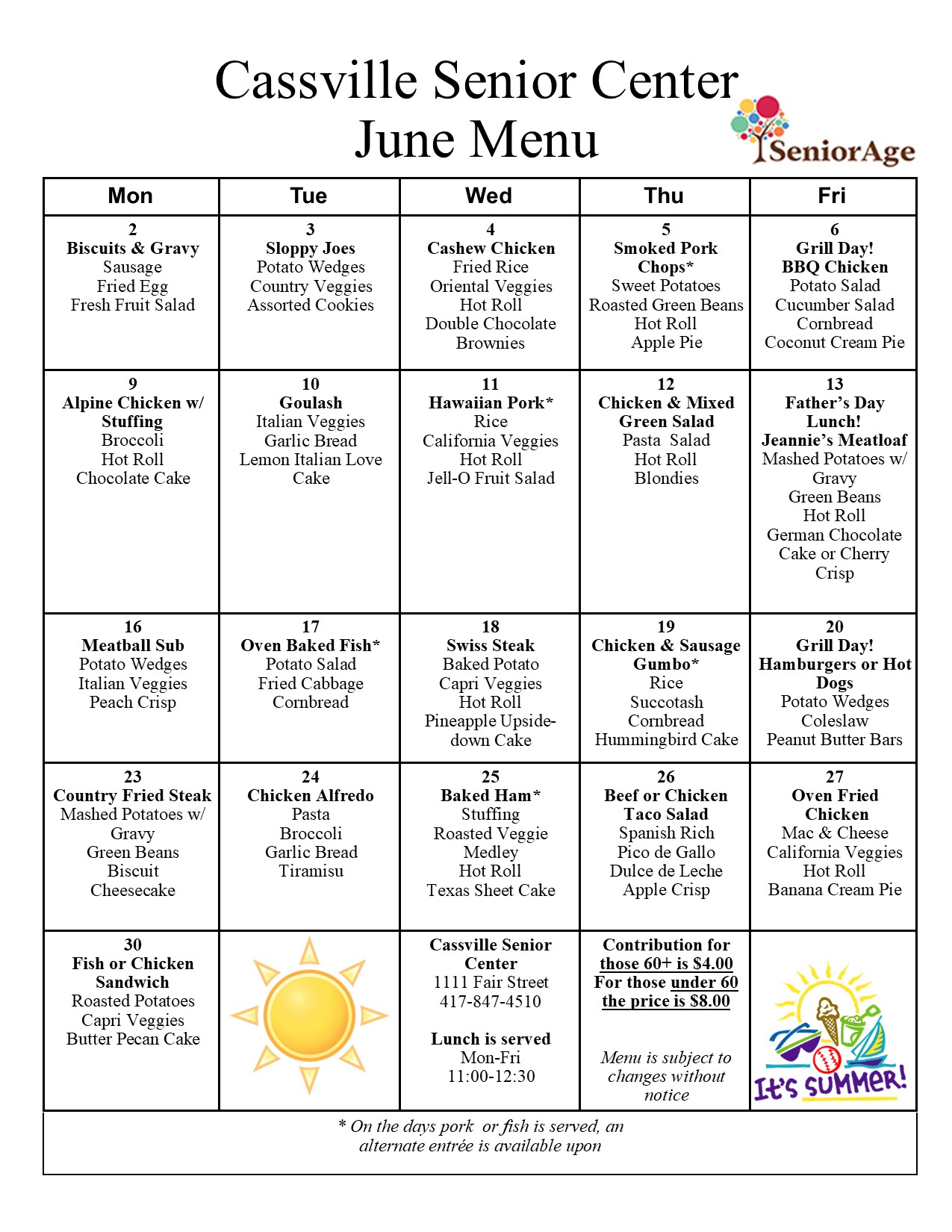 Here is our menu for June, we... - Cassville Senior Center | Facebook