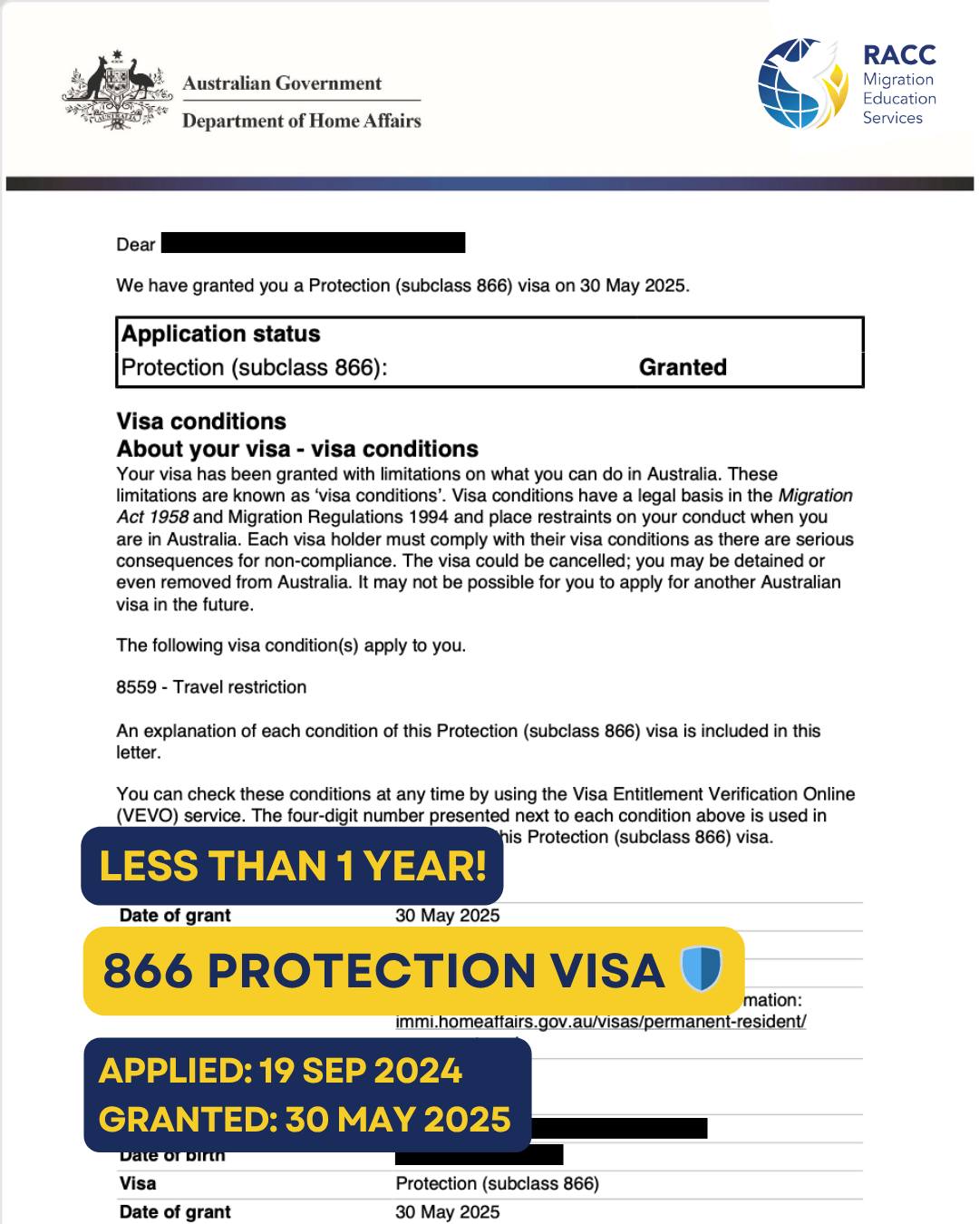 RACC - 🎉 Protection Visa Granted! A heartfelt congratulations to our ...