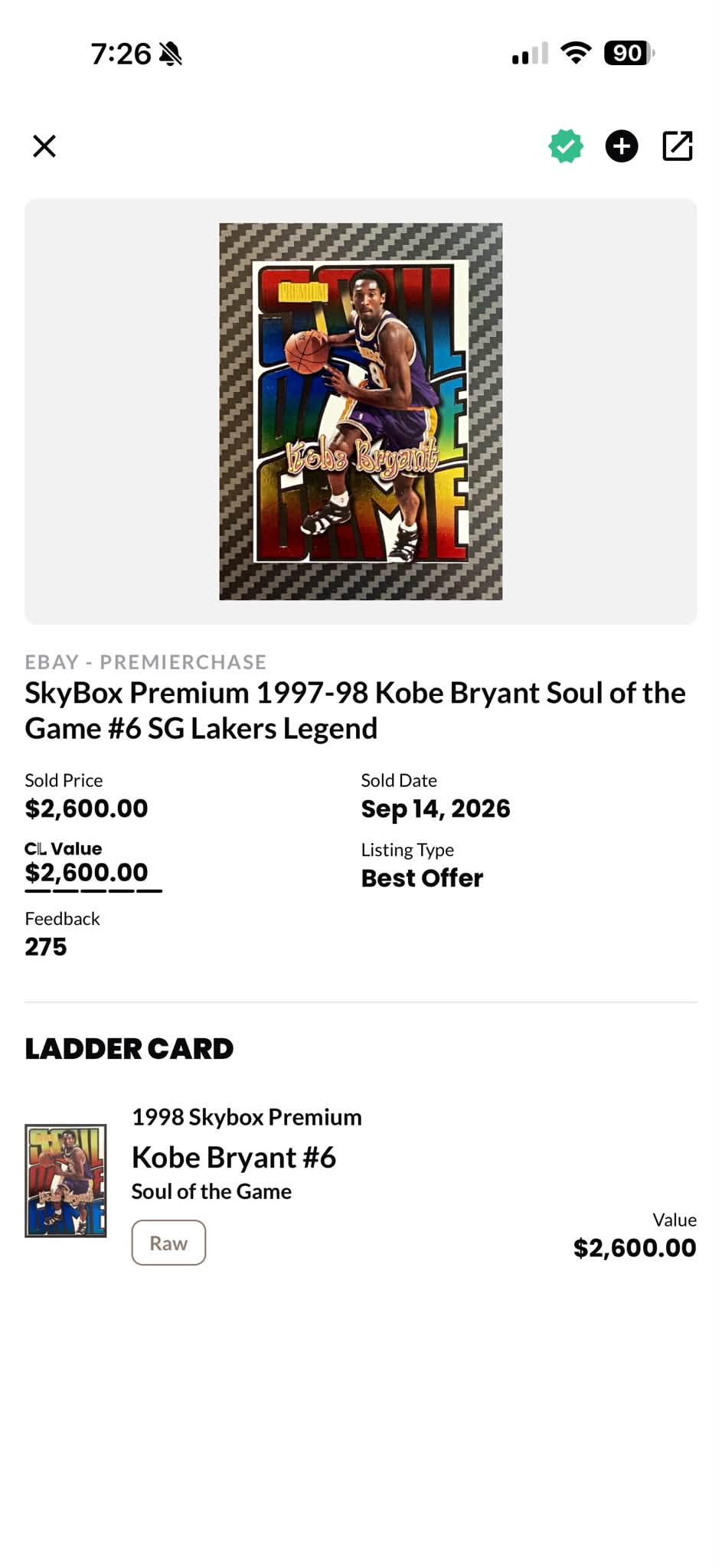Kobe Bryant 1998 SkyBox Premium Soul of the Game insert sold for $650