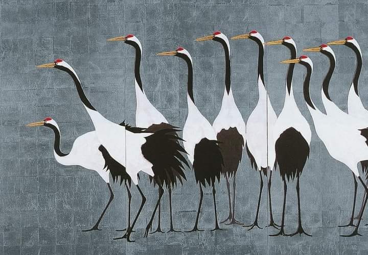Cranes' (群鶴, Gunzuru), 1988, colour on silk, by Kayama Matazō