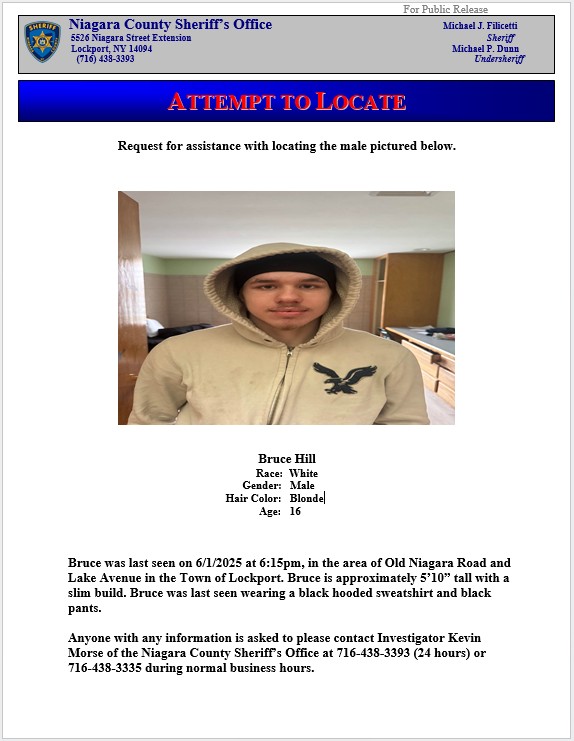 Niagara County Sheriff's Office seeks help locating Bruce Hill
