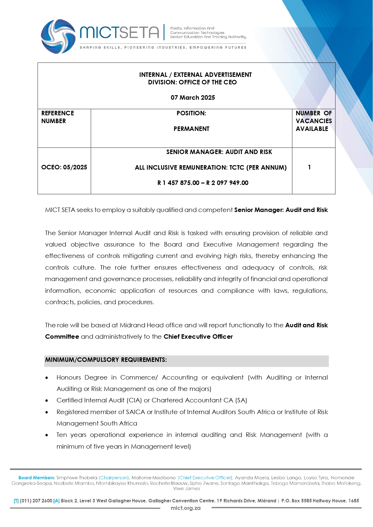 Senior Manager Internal Audit and... - Mike Consultants SA